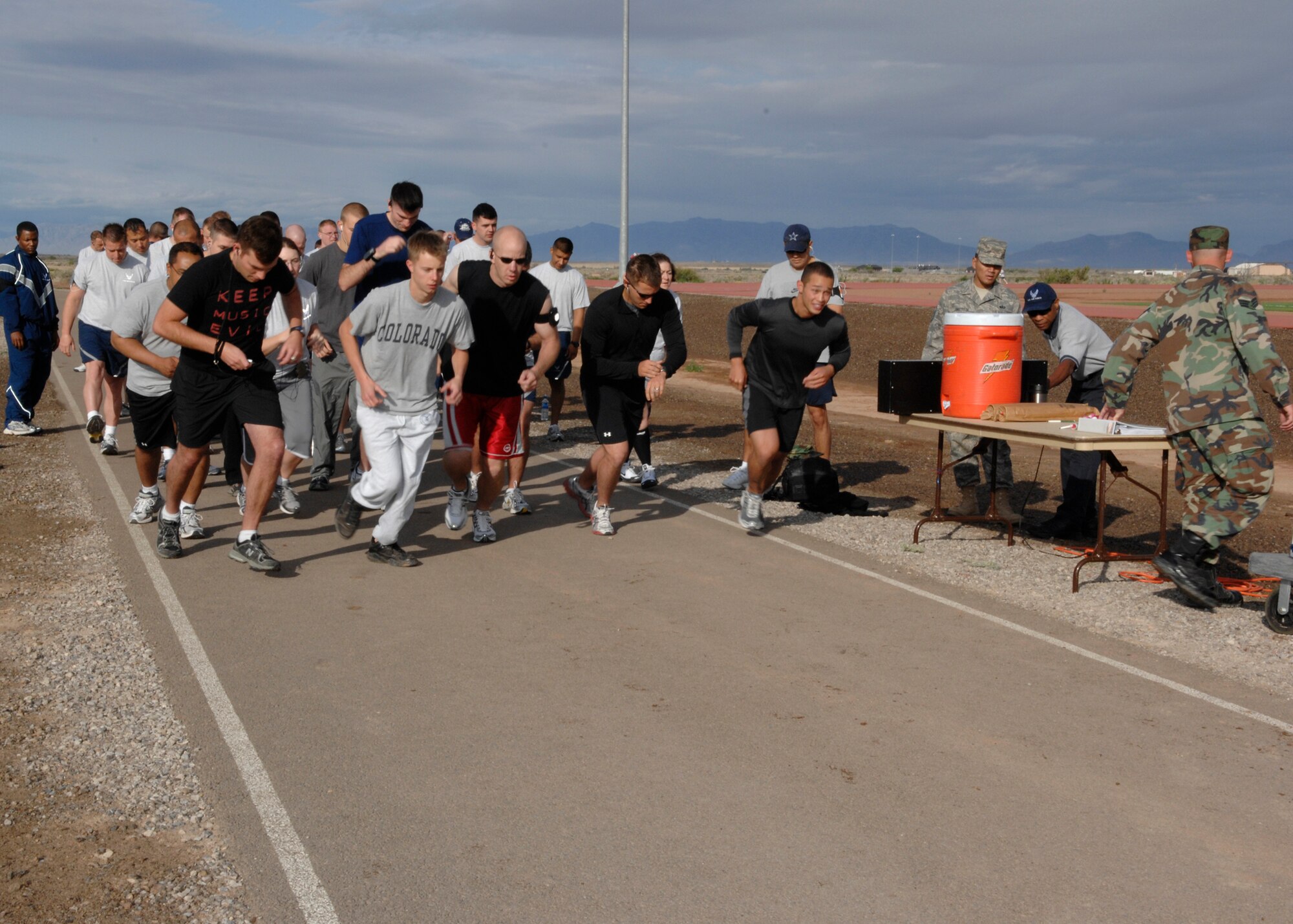 Holloman personnel participate in a fun run at the base fitness center on Holloman Air Force Base, N.M.,  May 16. The base fun runs are typically a 5 Kilometer run which is equivalent to 3.1 miles. (U.S. Air Force photo/Airman 1st Class Rachel A. Kocin)
