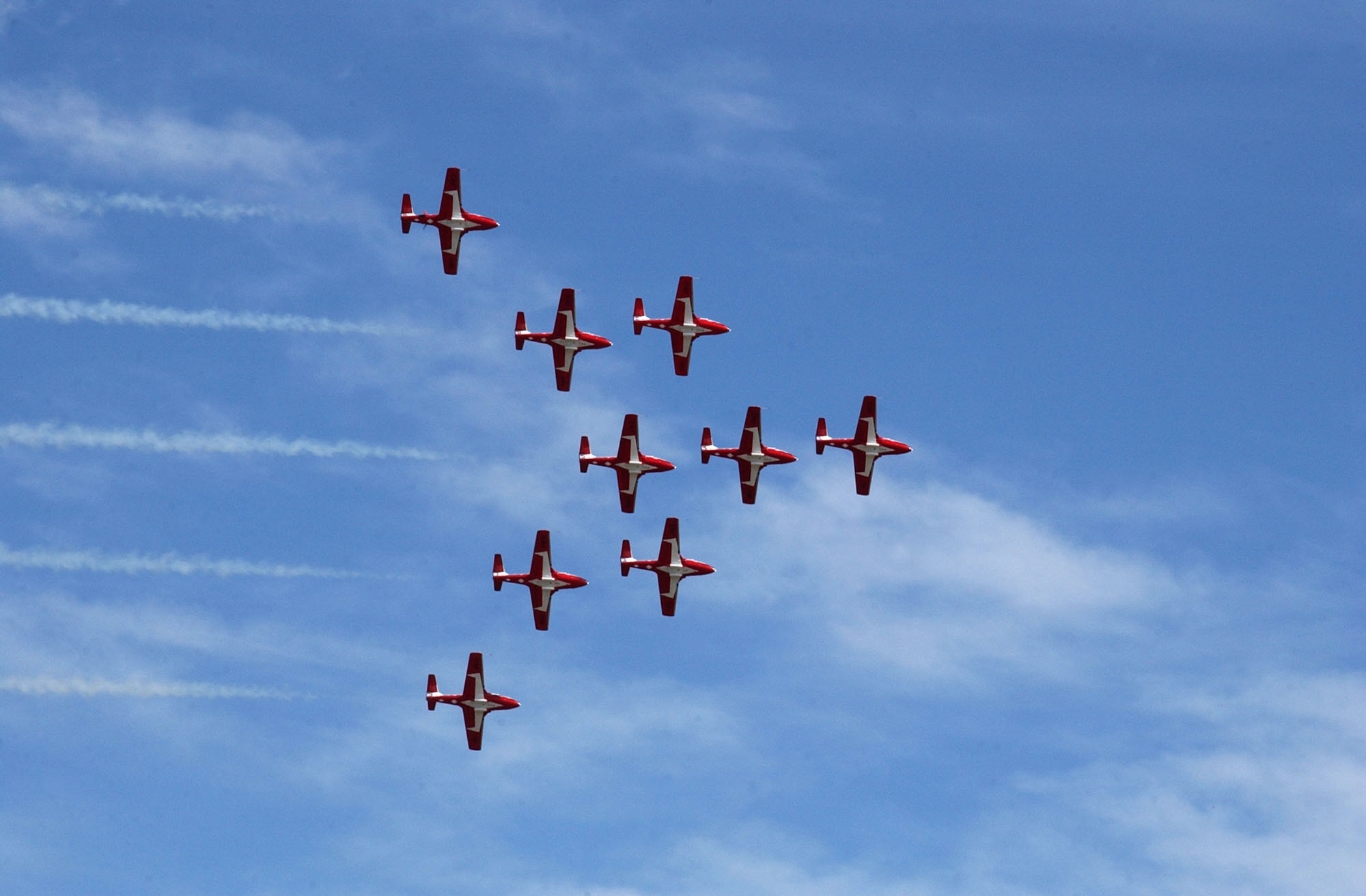 The Canadian Forces Snowbirds Aerial Demonstration Team fly over Malmstrom in their "Big Wedge" formation May 18. The Snowbirds were the highlight performance for the 2008 Malmstrom Air Show and Open House. (U.S. Air Force photo/Airman 1st Class Dillon White)