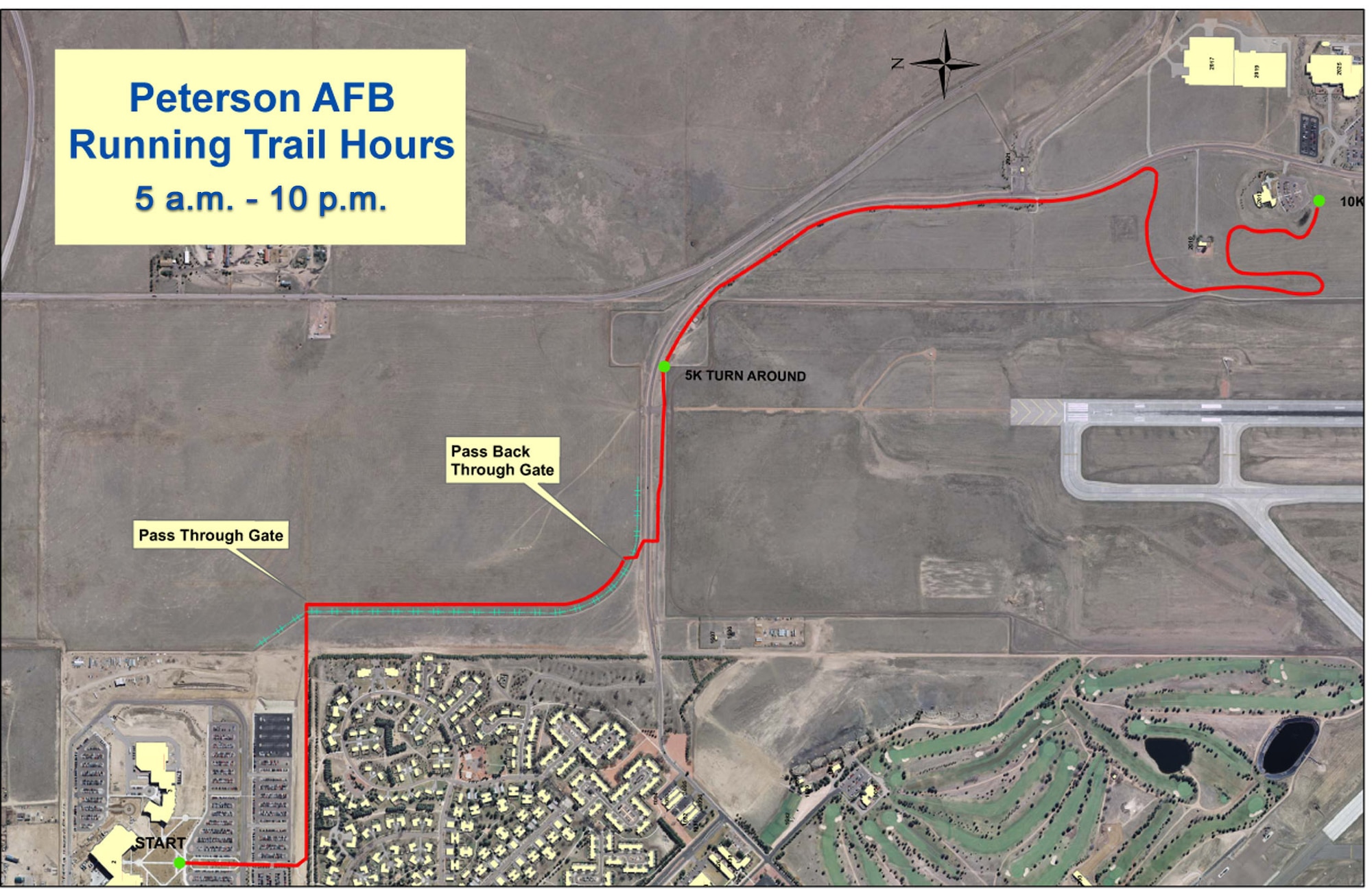 This map illustrates Peterson Air Force Base's five and ten kilometer jogging/walking trails and hours of operation.(U.S. Air Force graphic)