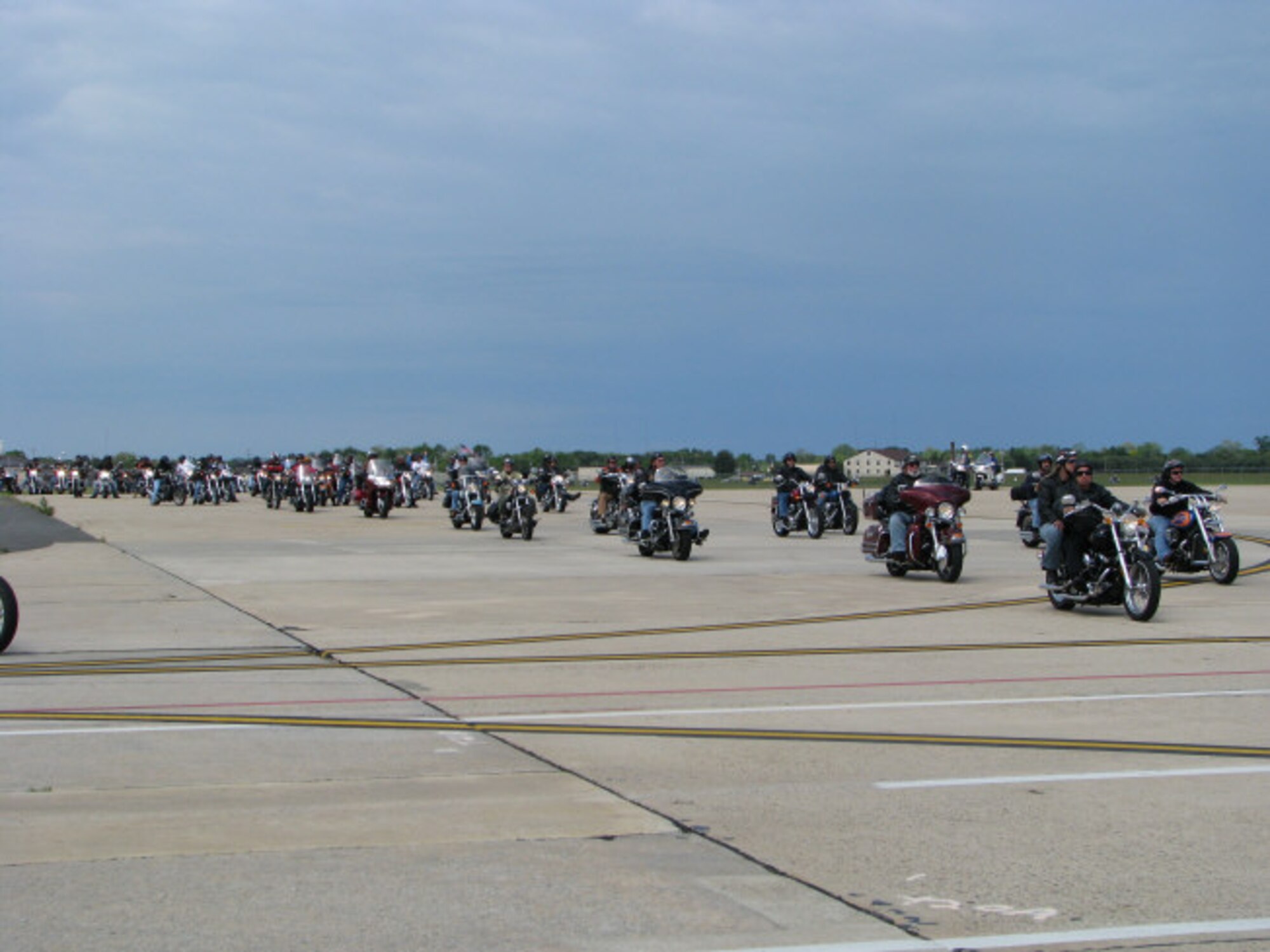 Over 950 motorcycle riders cruise on the flightline at McGuire Air Force Base  during the second annual Armed Force's Freedom Ride on May 18. The ride took them from Collingswood, NJ through historic downtown Mt. Holly, NJ and onto McGuire. The ride concluded on Fort Dix Army Post where participants were treated to a complimentary lunch and enjoyed a variety of activities including live music and motorcylce vendors.The Freedom Ride was organized to support the men and women of the armed forces and those who have give the ultimate sacrifice. (U.S. Air Force courtesy photo) 
