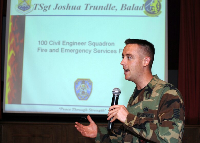 Firefighter Tech. Sgt.  Joshua Trundle shares his fire team’s mission at Balad Air Base during the Warrior Stories luncheon May 13. During his presentation, Sergeant Trundle discussed their immense responsibilities and the team’s successful record.  He spoke of how the team responded to an IED explosion outside the wire that engulfed a 5-ton truck. Once the flames were extinguished, the team provided protective fire streams on the smoking vehicle while Sergeant Trundle “safed” and removed the 50-caliber turret machine gun from the top of the truck. (U.S. Air Force photo by Master Sgt. Sarah Frankenhoff)