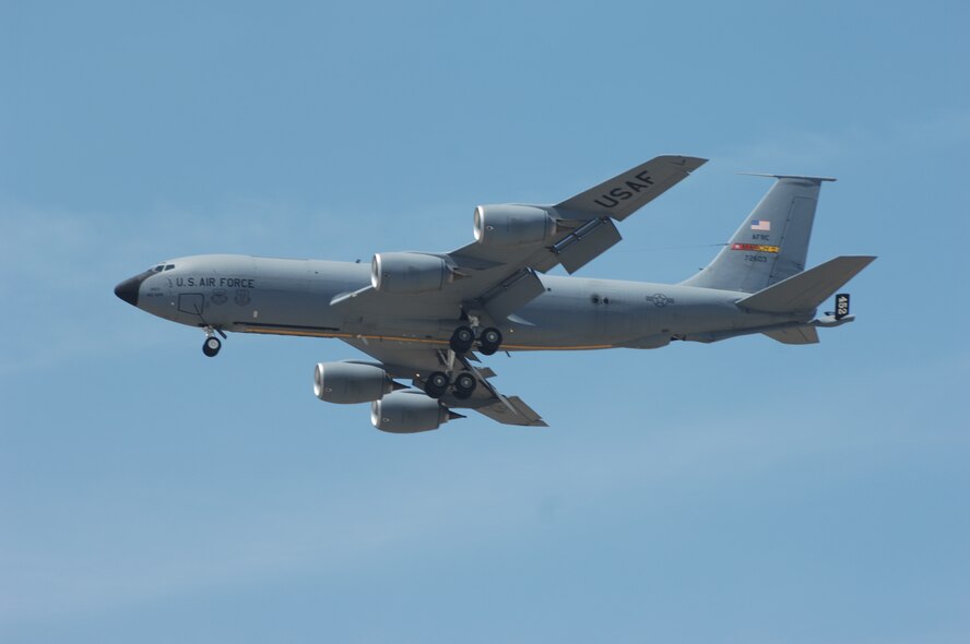A KC-135 from the 336 Air Refueling Squadron performs a demonstration for the crowd during the March Air Reserve Base Airfest on May 3, 2008. AirFest '08 featured both military and civilian aerial and ground demonstrations during the two day airshow. (U.S. Air Force photo by Senior Airman Daniel St. Pierre)