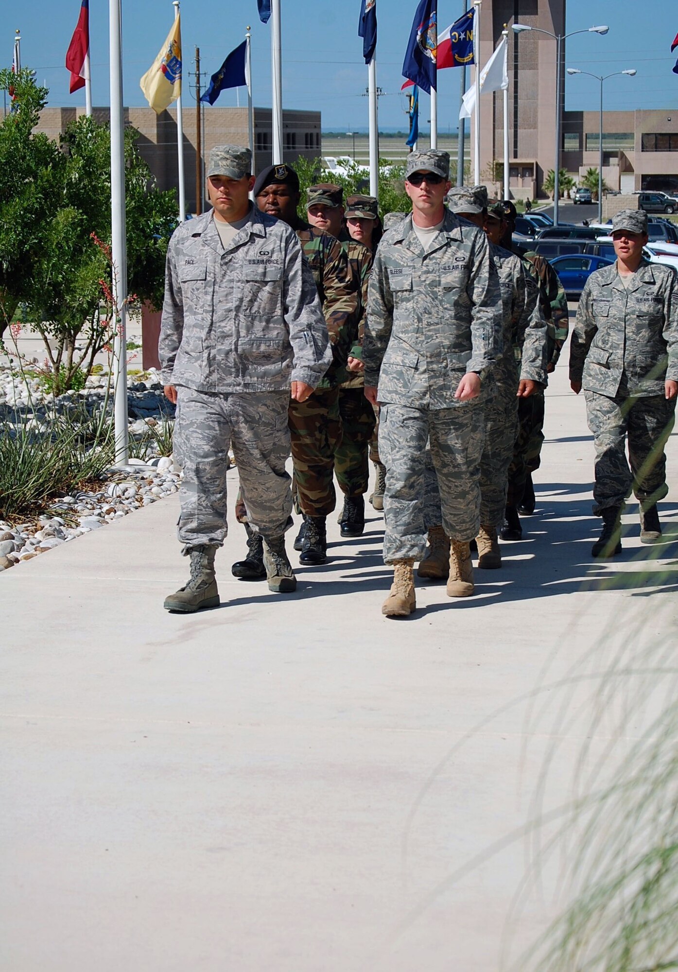 LAUGHLIN AIR FORCE BASE, Texas –Students in Airman Leadership School here march in formation to help perform the retreat ceremony May 20. ALS classes perform retreat ceremonies before graduating as a part of course curriculum. (U.S. Air Force photo by Airman 1st Class Sara Csurilla)
