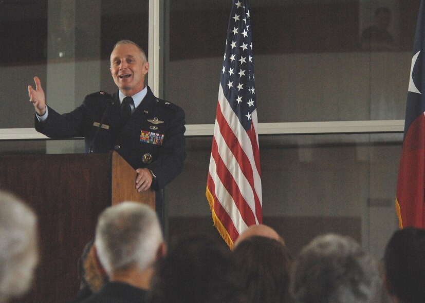 DYESS AIR FORCE BASE, Texas-- Brigadier General Garrett Harencak expresses his support to the Dyess and Abilene community during the presentation of the military painting called, "Our Heroes" at the Abilene Civic Center, May 20. The painting will be on display in various Abilene locations until the new Abilene Veterans Cemetery will open in the spring of 2009. (U.S. Air Force Photo by Airman 1st Class Stephen Reyes)