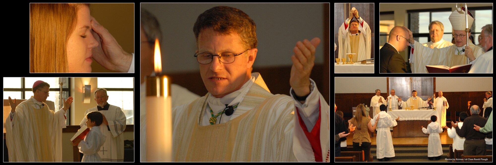 BUCKLEY AIR FORCE BASE, Colo. -- Archbishop Timothy Broglio, Military Services for the United States, visited the base, May 13, to celebrate the Sacrament of Confirmation at the base chapel. (Clockwise from bottom left) Cameron Dehay holds the missal while the Archbishop said the opening prayer at the beginning of Mass. Ashley Flournoy is sealed with the holy oil during her Confirmation by the Archbishop. The Archbishop celebrates mass. The Archbishop elevates the Host. Airman First Class James Croy, 566th Intelligence Squadron, receives a blessing from the Archbishop while Deacon Richard Borda looks on. The Archbishop leads the congregation in prayer. (U.S. Air Force photos by Airman 1st Class Randi Flaugh)