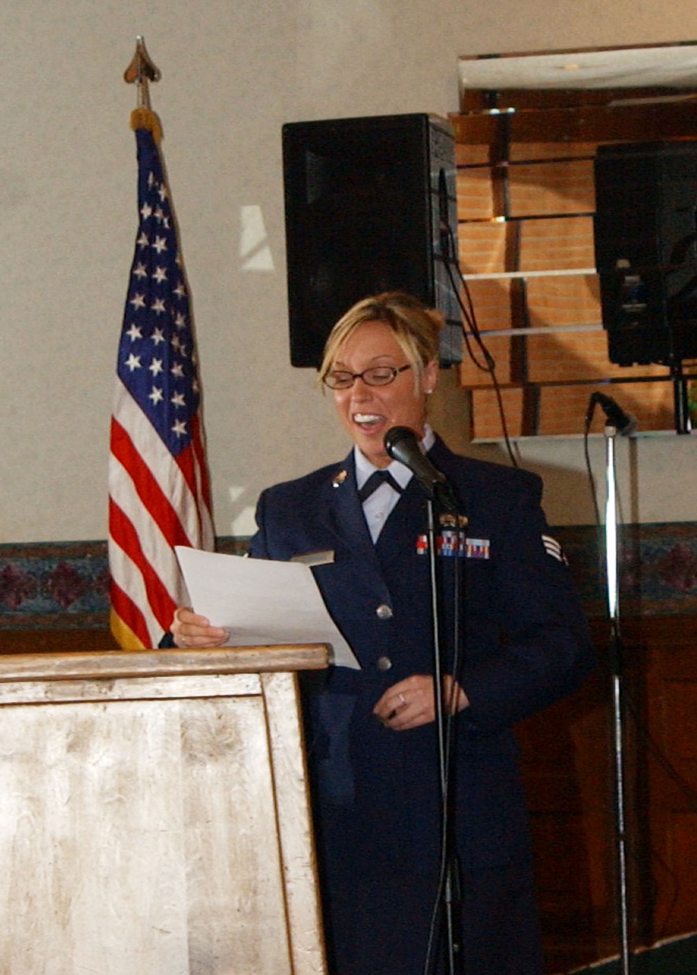 SCOTT AIR FORCE BASE, Ill. -- Highlighting the impact of community support to the morale and welfare of Joint Total Force Scott's enlisted corps, Senior Airman Alison Caldieraro, executive assistant to the 375th Airlift Wing command chief, provided the enlisted response during the 58th Annual Belle-Scott Enlisted Dinner at Fischer’s Restaurant in Belleville, Ill., May 15. (U.S. Air Force photo/Christi Spargur)