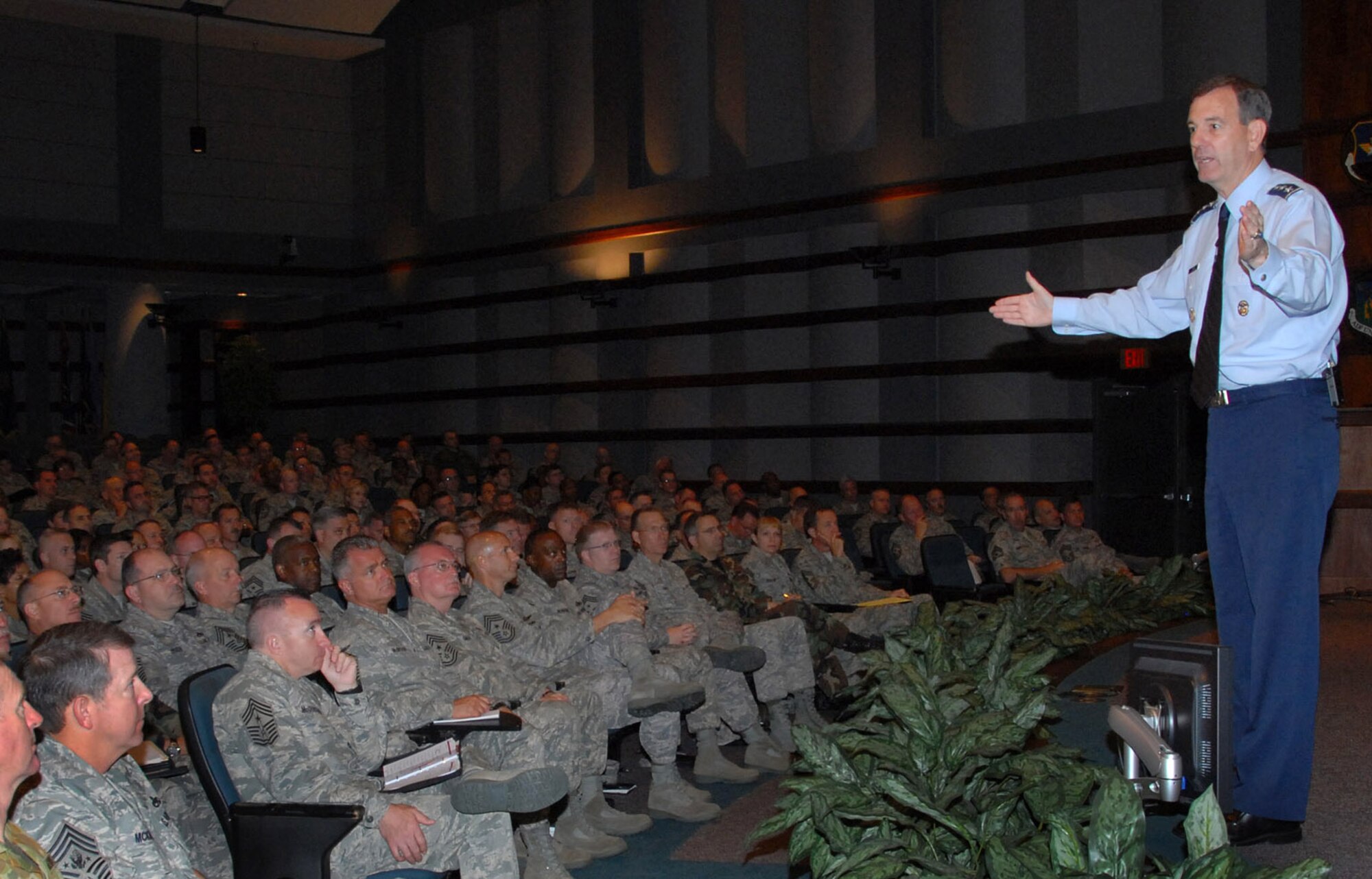 Lt. Gen. Stephen R. Lorenz talks with more than 350 senior enlisted leaders during the second day of the Senior Enlisted Leader Summit May 19 at Maxwell Air Force Base's Gunter Annex in Alabama. General Lorenz stressed the importance of promoting enlisted education programs, such as Air University's associate to baccalaureate cooperative program, to enlisted Airmen. General Lorenz is the Air University commander. (U.S. Air Force photo/Jennifer Duncan)