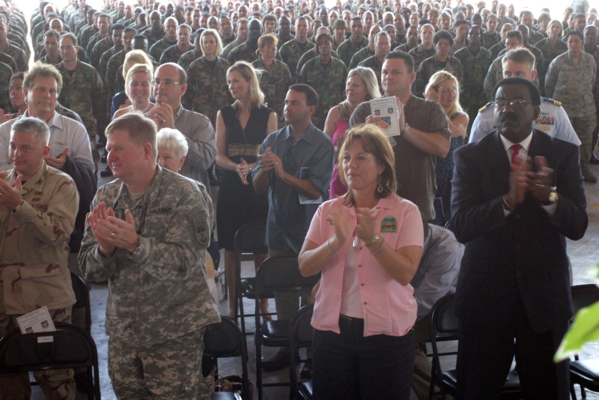 Many distinguished visitors attended the 482nd Fighter Wing Change of Command were Brig. Gen. Charles Cleveland (far left, front), Special Operations Command commander; City of Homestead Mayor Lynda Bell (middle, front); and Miami-Dade County Commissioner Dennis Moss (far right). (U.S. Air Force photo/Tech. Sgt. Paul Dean) 