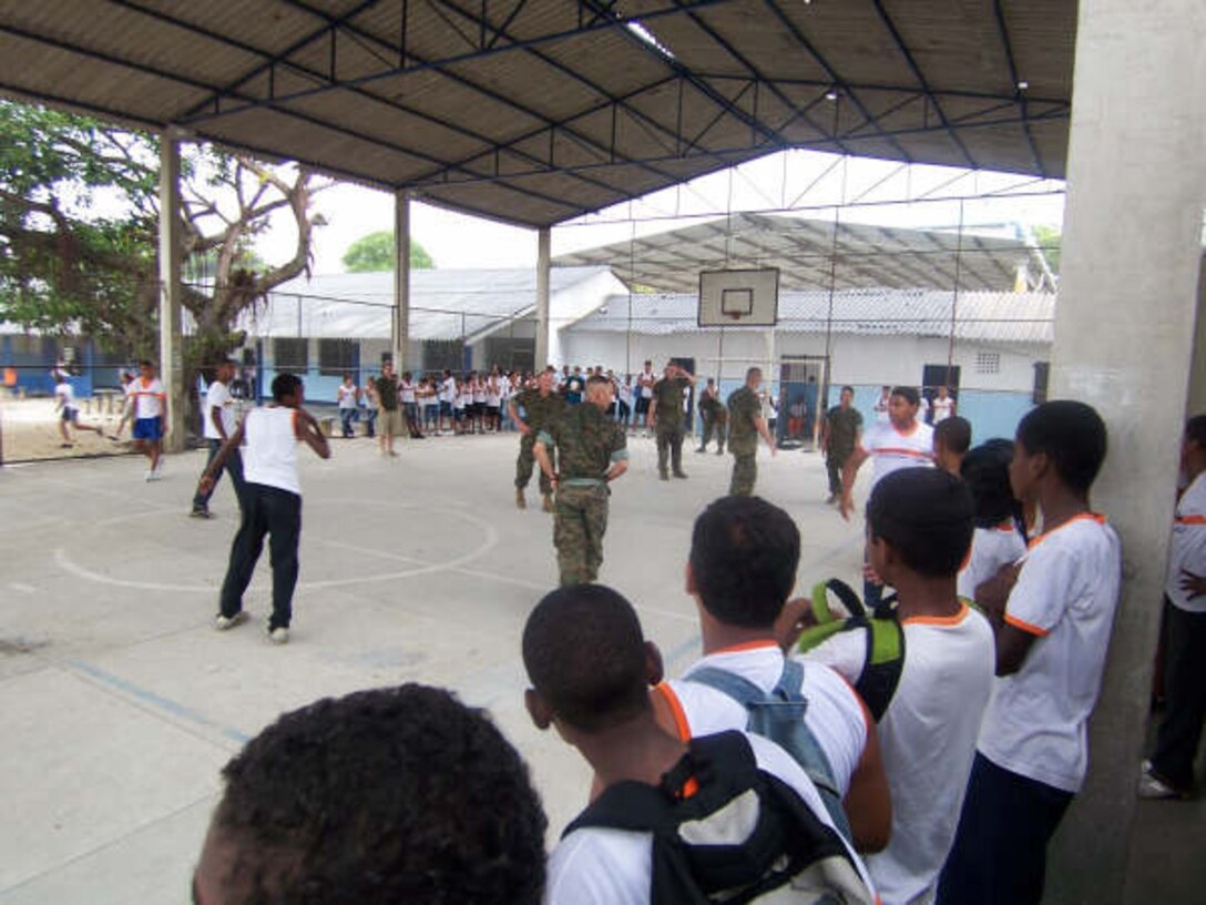 RIO DE JANEIRO, Brazil ? Middle school students from Journalist Orlando Dantas Municipal School play soccer with Marines of 1st Platoon, Bravo Company, 24th Marines during a Community Relations event at the school. The students soundly defeated the Marines with a score of 7-0. The 24th Marine Regiment is currently in support of Partnership of the Americas 2008, a U.S. Southern Command (SOUTHCOM) sponsored operation designed to strengthen regional partnership and improve multi-national interoperability, while enhancing the operational readiness of all assigned units. (Official US Marine Corps photo)