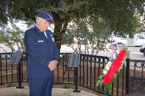 Commander of the 433rd Airlift Wing, Brigadier General John C. Fobian, remembers service members whose lives were lost while serving. The "Alamo Wing" kicked off their Memorial Day weekend with a ceremony held Thursday, 22 May, recognizing and remembering Reserve wing members from throughout the Wing's more than 56 years of history, as well as honoring all military service members who have given the ultimate sacrifice of their lives in service to their country. (U.S. Air Force Photo/Airman 1st Class Viola Hernandez)