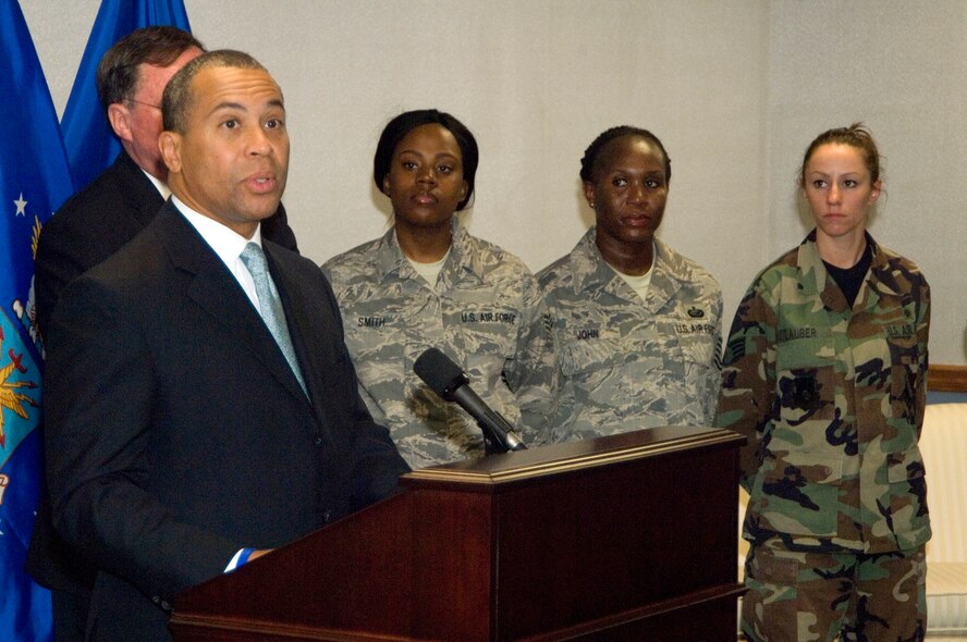 HANSCOM AFB, Mass. - Mass. Governor Deval Patrick speaks with the press on May 22, as Hanscom airmen Senior Airman Tawnya Smith, Tech Sgt. Jillian John and Staff Sgt. Gina Lauber, all of whom recently returned from deployments overseas, look on. (U.S. Air Force Photo by Mark Wyatt)

