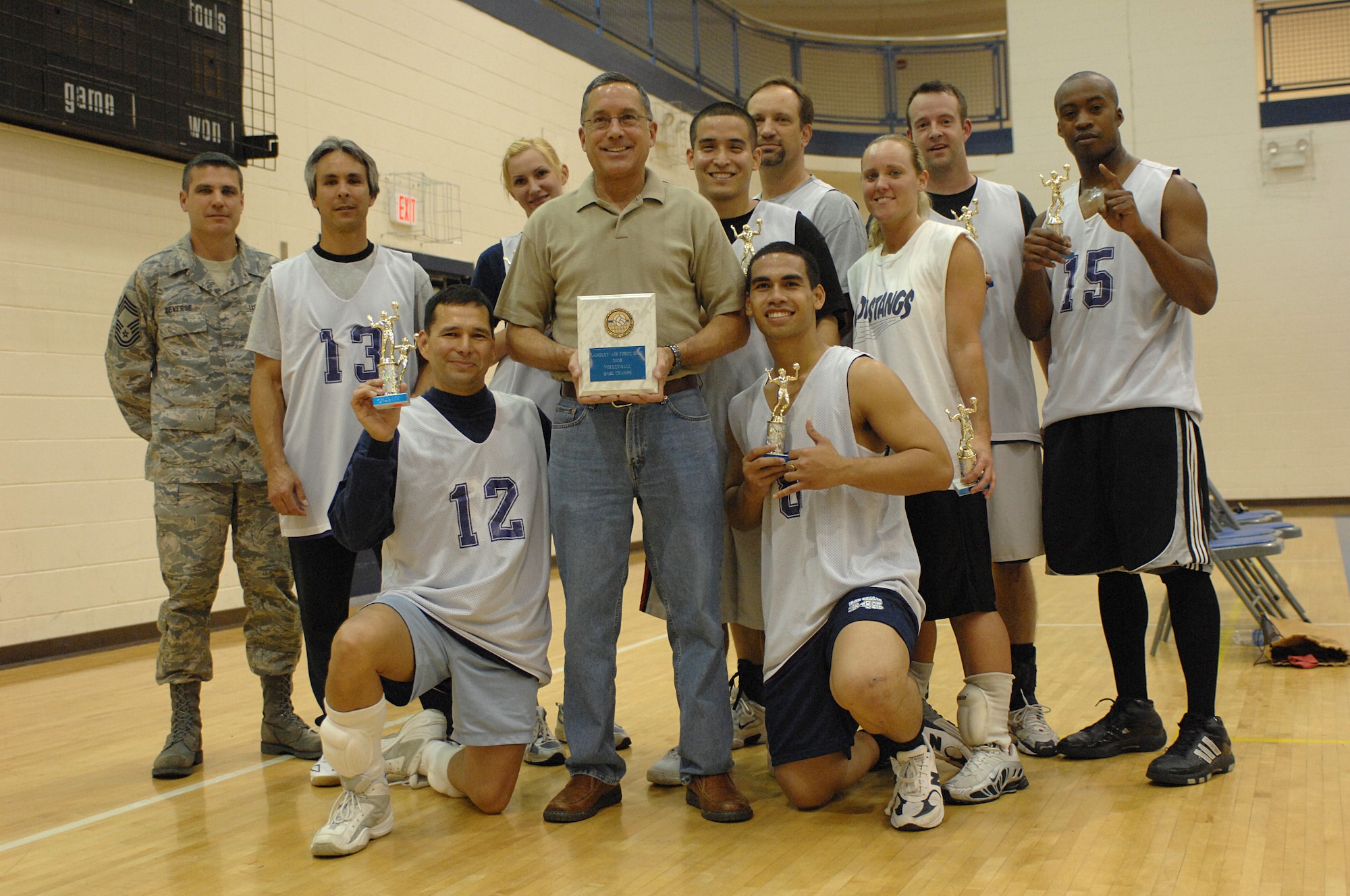 LANGLEY AIR FORCE BASE, Va. -- The735th Supply Chain Management Group volleyball team poses with their commander Col. Michael Melendrez, for a group photo May 21.  The 735th SCMG won the intramural championship game 25 to 18 to become Langley’s intramural volleyball champions. (U.S. Air Force photo/Tech. Sgt. April Wickes)