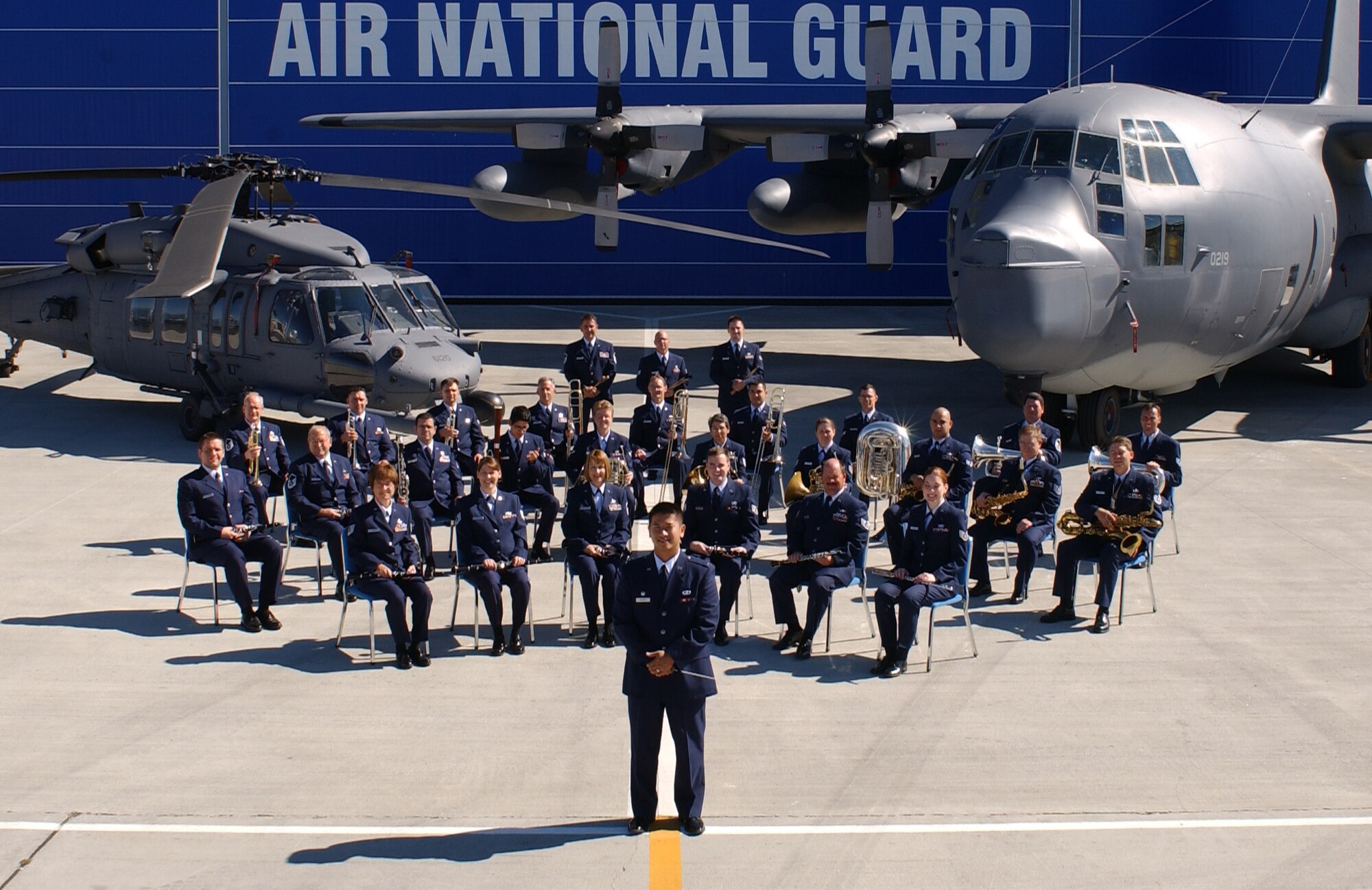 Members of the 561st Band of the West Coast from the 129th Rescue Wing takes a group photo at Moffett Field, California (U.S. Air Force photo/Master Sgt Dan Kacir) (RELEASED)