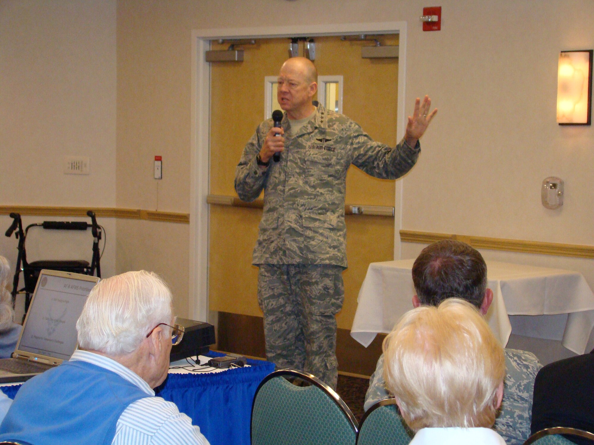U.S. Air Force Surgeon General Lt. Gen. (Dr.) James Roudebush gives an AF Medical Service update to Air Force Village residents in San Antonio, Texas, on May. 20.  (U.S. Air Force Photo)