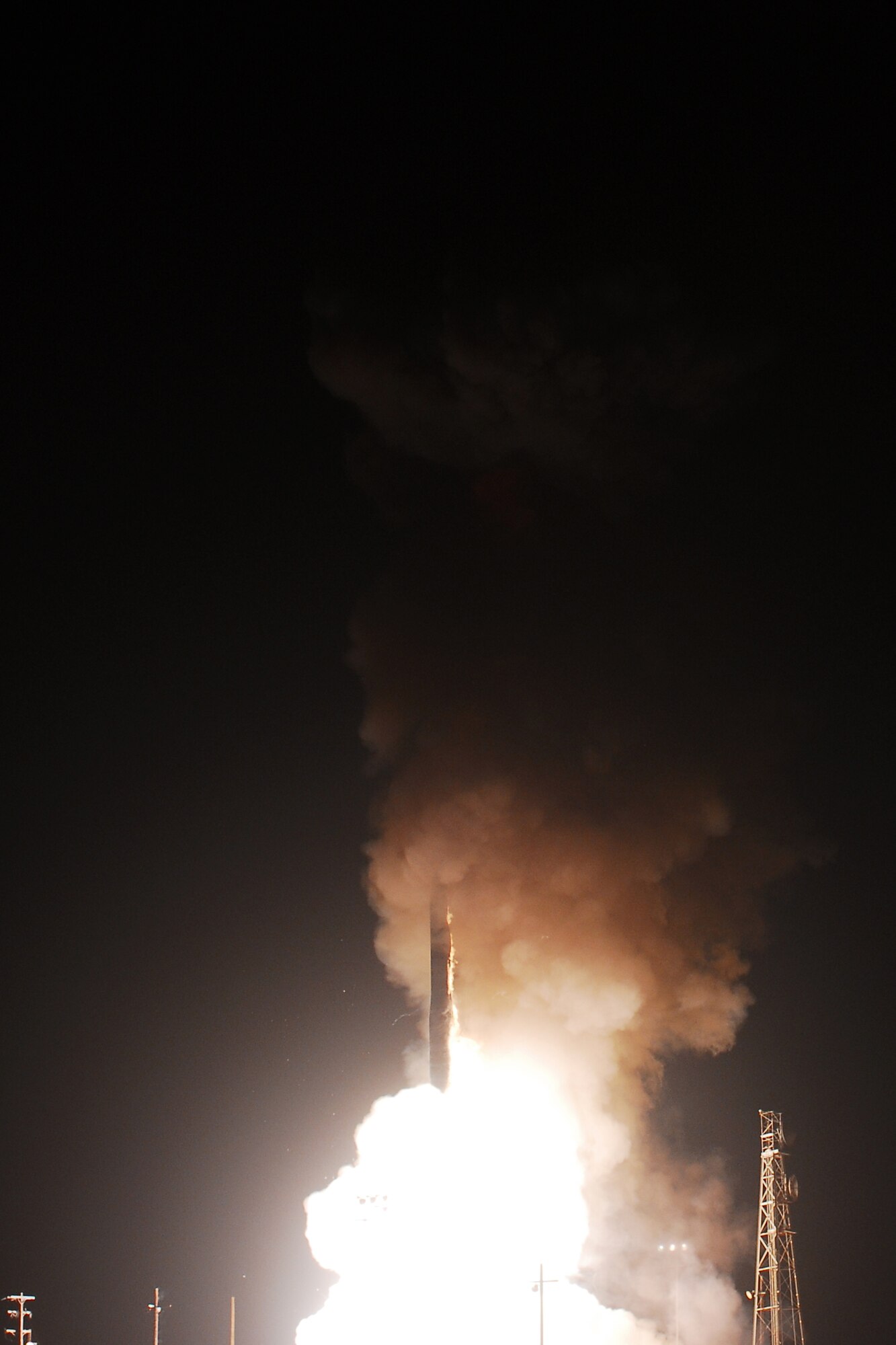 VANDENBERG AIR FORCE BASE, Calif. -- A Minuteman III intercontinental ballistic missile configured with a National Nuclear Security Administration joint test assembly launches May 22 from North Vandenberg's Launch Facility-10. The launch was an operational test to determine the weapon system’s reliability and accuracy. The missile's single unarmed re-entry vehicle traveled approximately 5,250 miles before hitting its pre-determined target in a broad ocean area 230 nautical miles southwest of Guam.(Air Force photo)