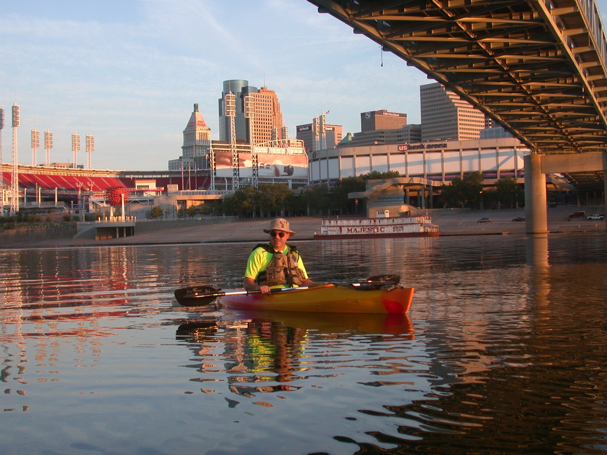 WRIGHT-PATTERSON AFB, Ohio - Master Sgt. Larry Stulz, 445th Airlift Wing Safety Office, enjoys a peaceful day of kayaking around the Cincinnati Red's Great American Ball Park.  Sergeant Stulz encourages members of the wing to remember safety as they engage in their summer activities as part of the Air Force's "101 Critical Days of Summer" Campaign. (Courtesy photo) 