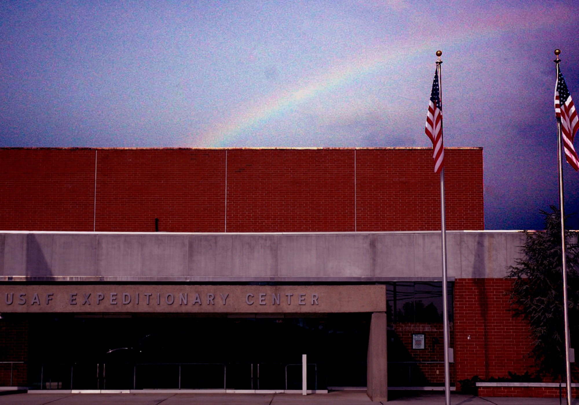 A rainbow can be seen in the skies over the U.S. Air Force Expeditionary Center on Fort Dix, N.J., May 22, 2008.  A light rain shower coming in mixed with a little bit of sun to create the unique effect.  (U.S. Air Force Photo/Tech. Sgt. Scott T. Sturkol)