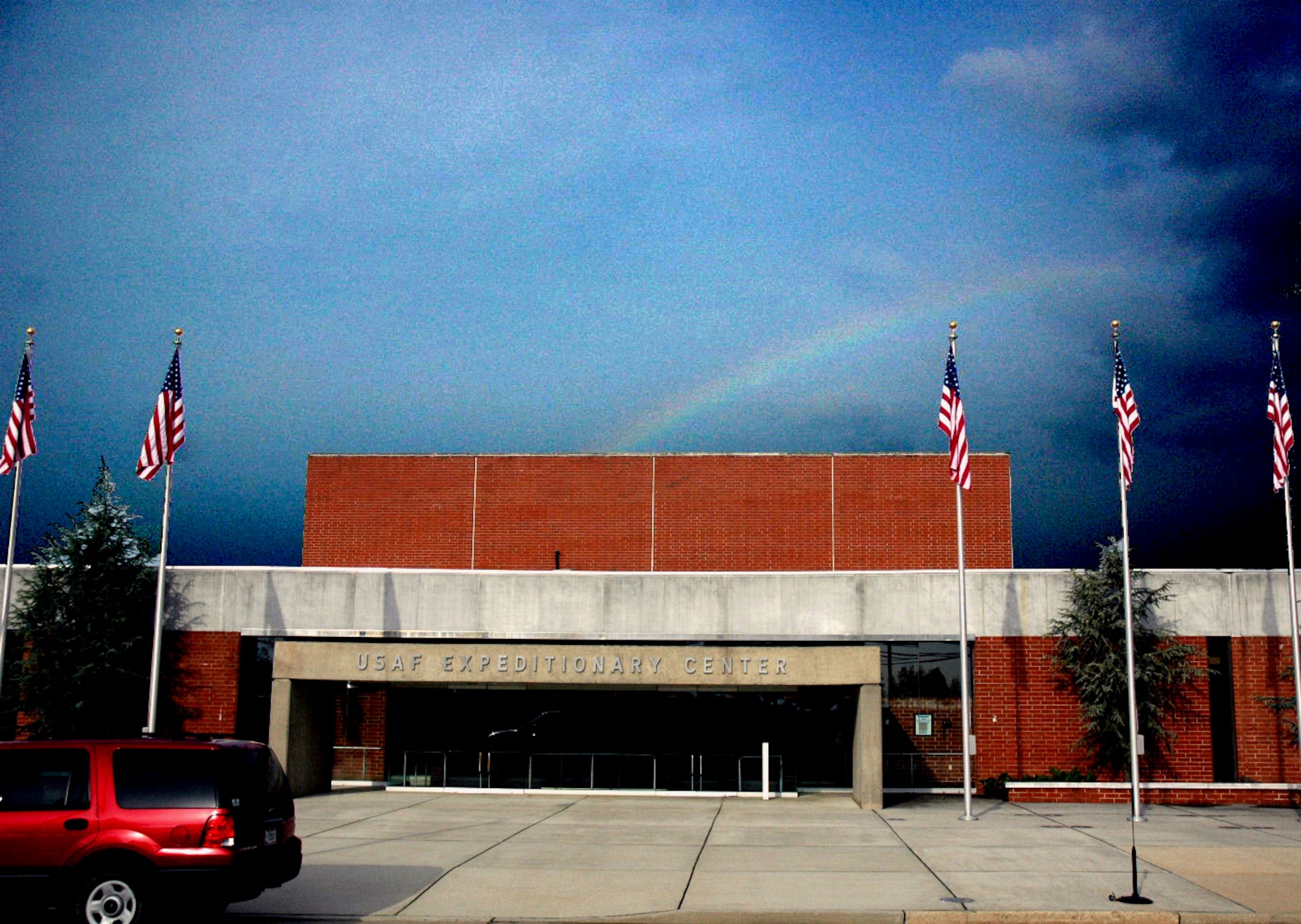 A rainbow can be seen in the skies over the U.S. Air Force Expeditionary Center on Fort Dix, N.J., May 22, 2008.  A light rain shower coming in mixed with a little bit of sun to create the unique effect.  (U.S. Air Force Photo/Tech. Sgt. Scott T. Sturkol)