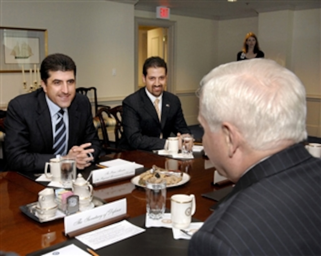 Prime Minister of the Kurdish Regional Government Nechirvan Barzani (left) meets with Secretary of Defense Robert M. Gates (foreground) in the Pentagon on May 21, 2008.  Joining Barzani is the Regional Government's Representative to the United States Qubad Talabany (2nd from right).  