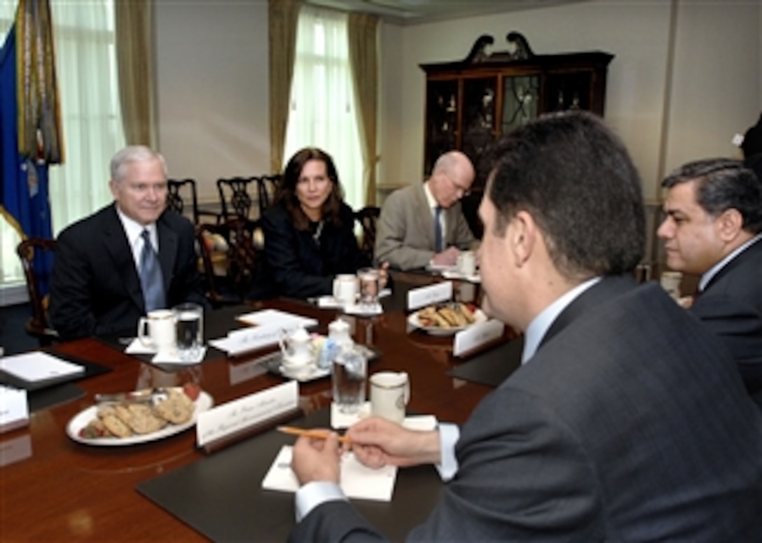 Secretary of Defense Robert M. Gates (left) hosts a meeting with a delegation from the Kurdish region of Iraq led by the Regional Government Prime Minister Nechirvan Barzani (foreground) in the Pentagon on May 21, 2008.  Joining Barzani is the Regional Minister of Foreign Affairs Fala Mustafa Bakir (right).  Joining Gates are Assistant Secretary of Defense for International Security Affairs Mary Beth Long and Deputy Assistant Secretary of Defense for Middle East Affairs Mark Kimmitt.  