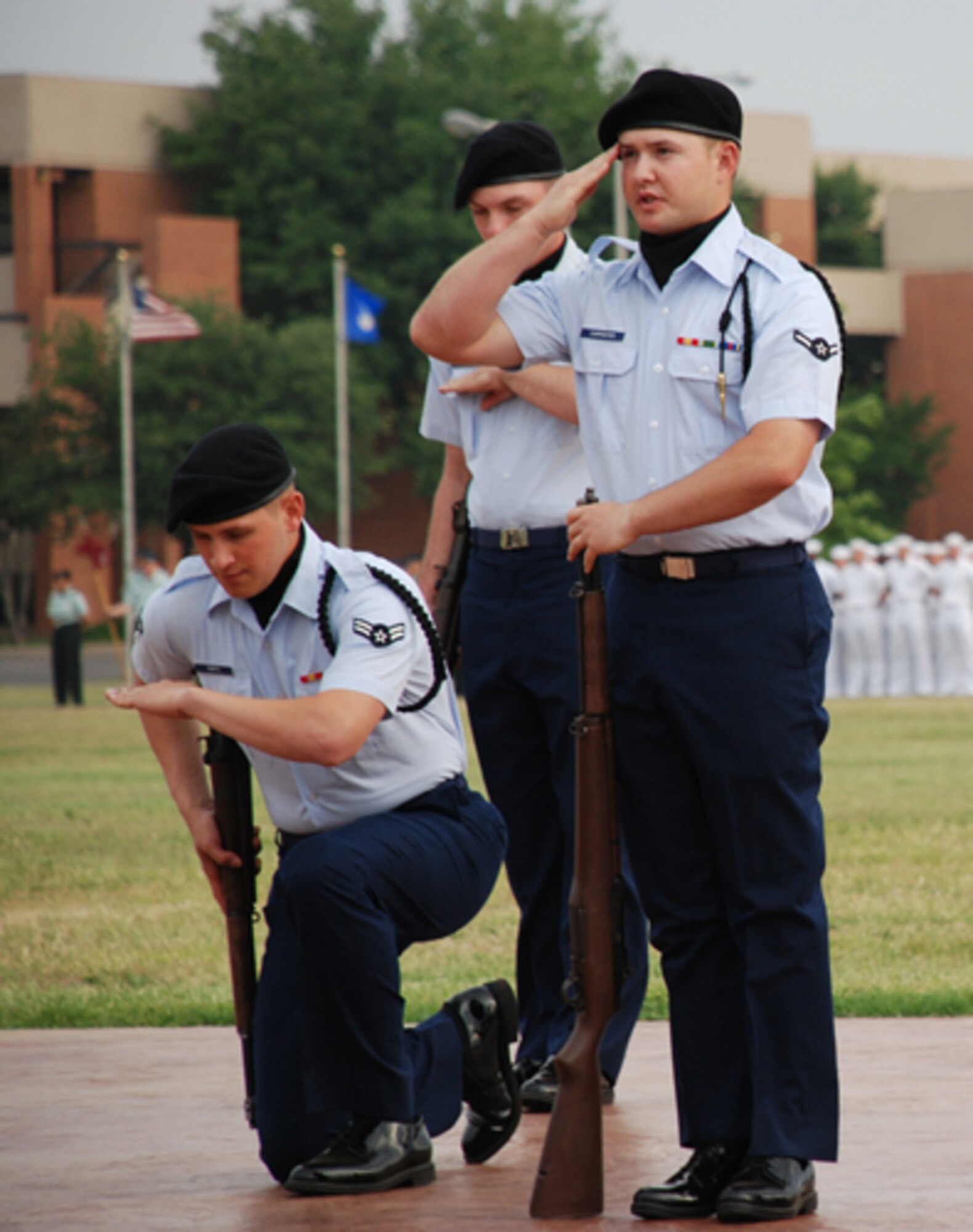Sheppard's Special Activities Team Precision Rifle Drill Team performs in celebration of Armed Forces Day at the Armed Forces Day Parade May 23 . The parade started Sheppard's Armed Forces Day events, which culminated with a luncheon. (U.S. Air Force photo/Airman 1st Class Candy Miller)