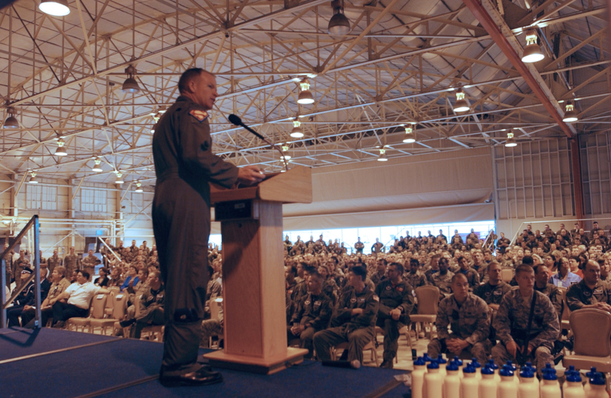 Maj. Darrell Judy, 71st Flying Training Wing Safety chief, illustrates the importance of safety during wing Safety Day May 23. Safety Day kicked off the 101 Critical Days of Summer campaign to prevent safety incidents during the summer months. (U.S. Air Force photo by Bob Farrell)