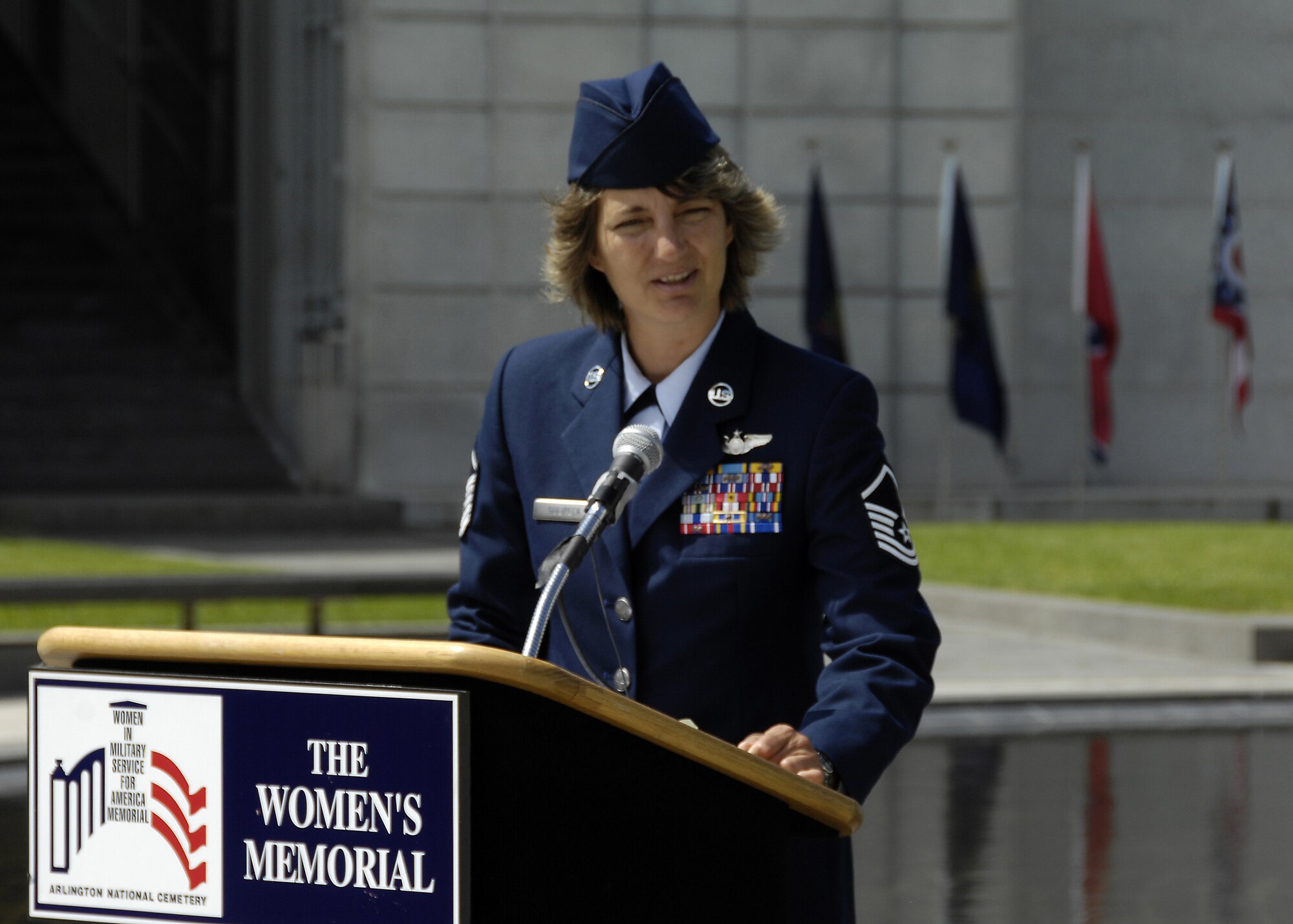 Master Sgt. Kimberly Sulipeck, an AC-130H sensor operator with the 16th Special Operations Squadron at Hurlburt Field, Fla., speaks during the Women?s Congressional Caucus wreath laying at the Women in Military Service for America Memorial in Washington, D.C., May 21. (U.S. Air Force photo/Donna Parry)