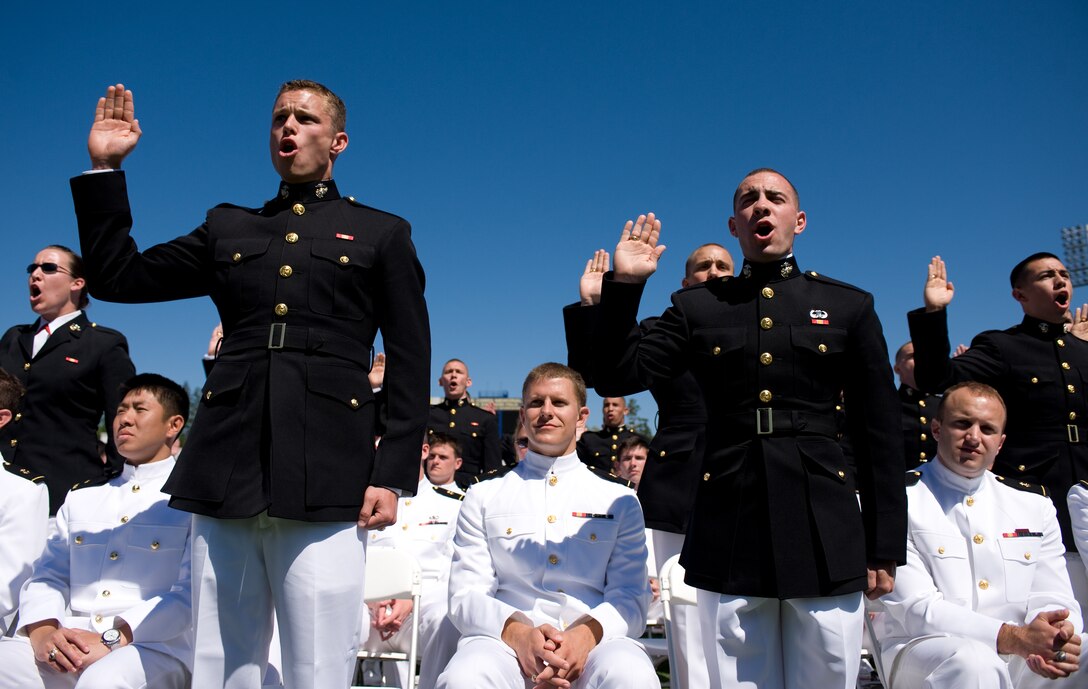 U.S. Marine Corps 2nd Lts. Kraegen Bramer and Robert Epstein take the oath of office at the 2008 United States Naval Academy commencement ceremony at Navy-Marine Corps Memorial Stadium, May 23, 2008, Annapolis, Md. 