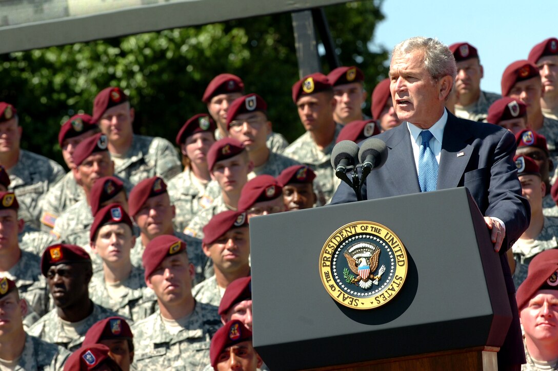 President George W. Bush addresses the paratroopers, veterans and families of the 82nd Airborne Division while attending the Division Review held on Pike Field, Fort Bragg, N.C., May 22, 2008. Bush thanked "America's Guard of Honor" for its collective accomplishments in Iraq and Afghanistan.