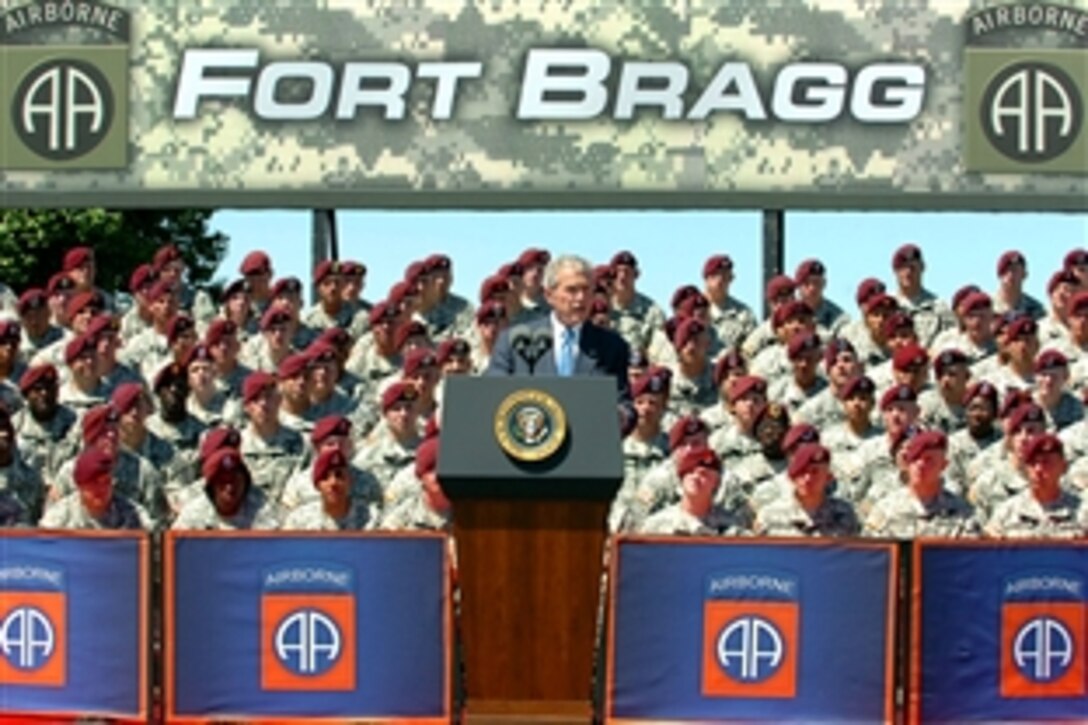 President George W. Bush addresses the paratroopers, veterans, and families of the 82nd Airborne Division, thanking "America's Guard of Honor" for its collective accomplishments in Iraq and Afghanistan, May 22, 2008. 
