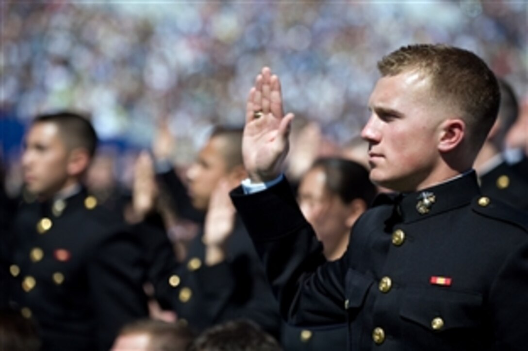 U.S. Marine Corps 2nd Lt. Robert Innerst from New Cumberland, Pa. takes the oath of office at the 2008 United States Naval Academy commencement ceremony, Navy-Marine Corps Memorial Stadium, May 23, 2008, Annapolis, Md. 