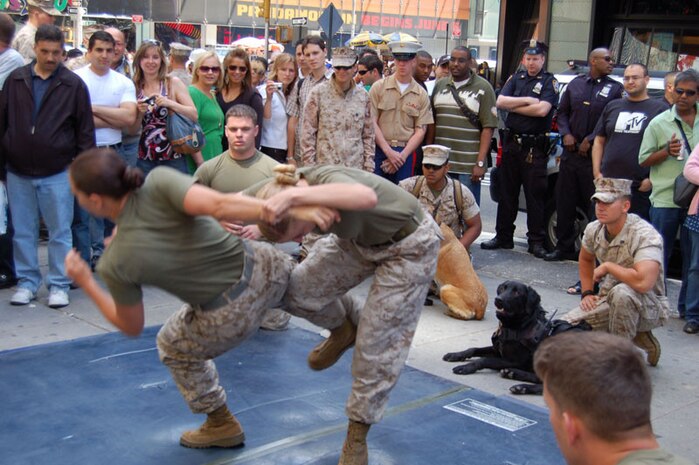 Marines execute an arm-bar takedown during a Marine Corps Martial Arts Program demonstration as part of Marine Day in Times Square on May 24. (Photo by Robert Benwitt)