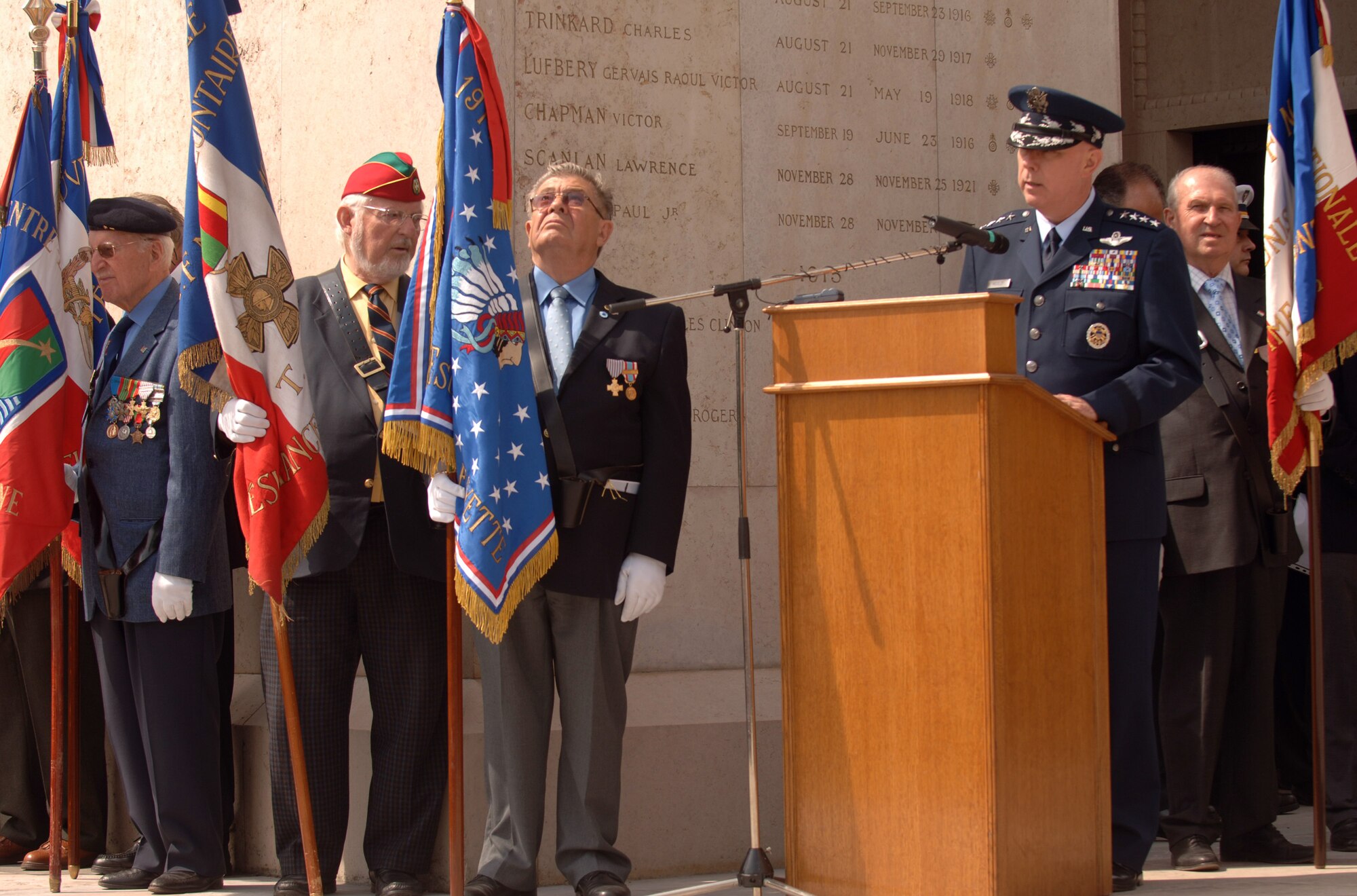 Air Force Chief of Staff Gen T. Michael Moseley speaks during the Lafayette Escadrille memorial ceremony outside of Paris May 24 where French and American citizens pay homage to the United States' first combat aviators. The all-American squadron of volunteers flew under the French flag during World War I, and many gave their lives in defense of French democracy. (U.S. Air Force photo/Master Sgt. Scott Wagers)