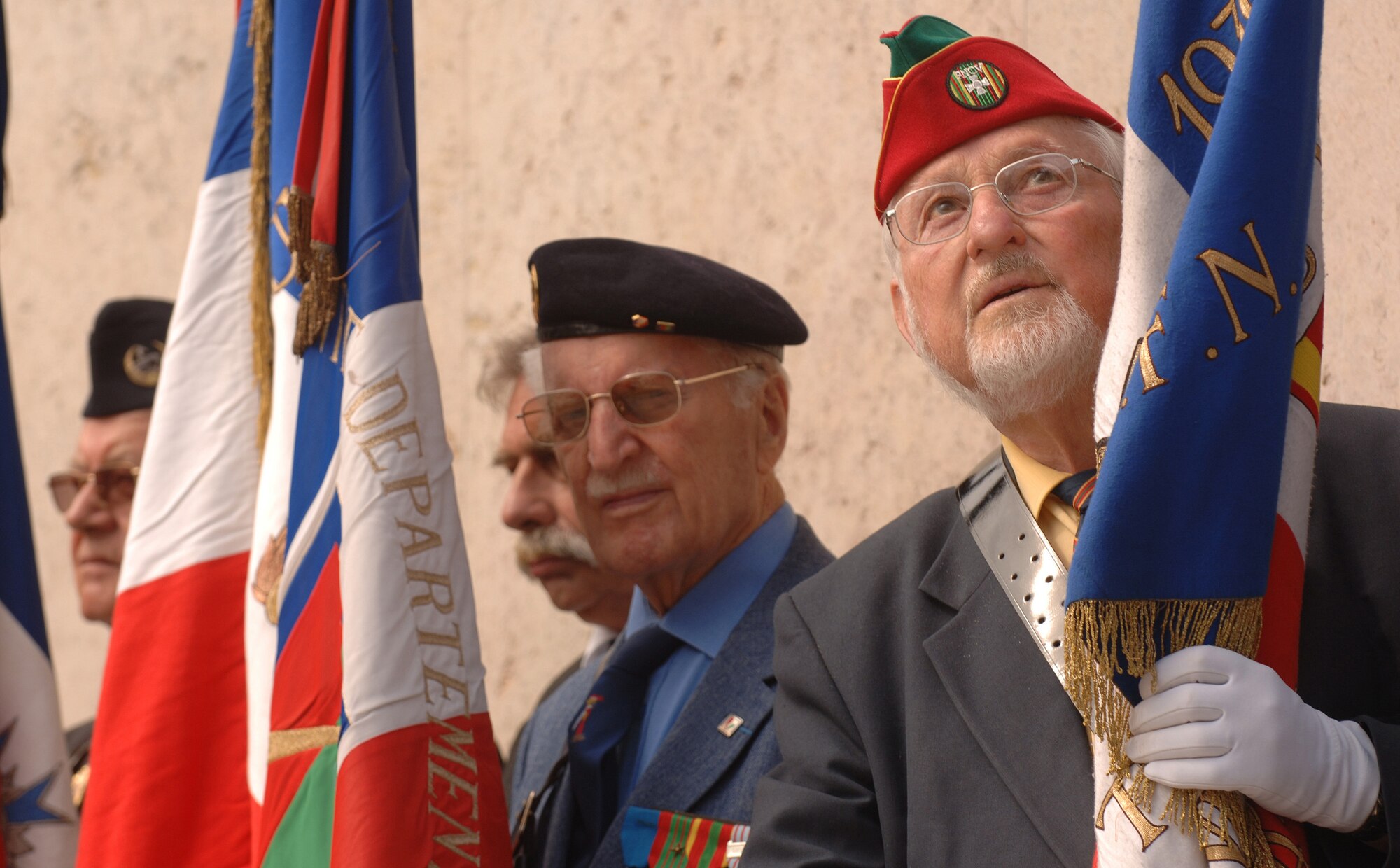 French veterans take part in the Lafayette Escadrille memorial ceremony outside of Paris May 24 where French and American citizens paid homage to an all-American squadron of volunteer pilots who flew under the French flag during World War I, where many gave their lives in defense of French democracy. (U.S. Air Force photo/Master Sgt. Scott Wagers)