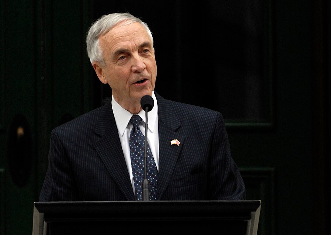Deputy Defense Secretary Gordon England addresses the audience during the Lima Company Memorial ceremony at the Ohio Statehouse in Columbus, Ohio, May 23, 2008. 