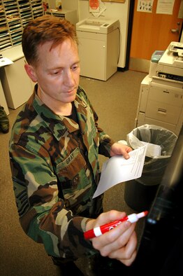 NIAGARA FALLS AIR RESERVE STATION, N.Y. -- Master Sgt. Jeff Gray updates squadron announcements in preparation for the upcoming May unit training assembly. A first sergeant for nearly four years, Master Sgt. Gray was named Air Force Reserve Command's First Sergeant of the Year for 2007. While deployed to Afghanistan in 2006 and 2007, Sgt. Gray held responsibility for more than 1000 Airmen. Currently, he serves as first sergeant of the 328th Airlift Squadron at Niagara Falls ARS.  (U.S. Air Force photo / Staff Sgt. Dan Lanphear)