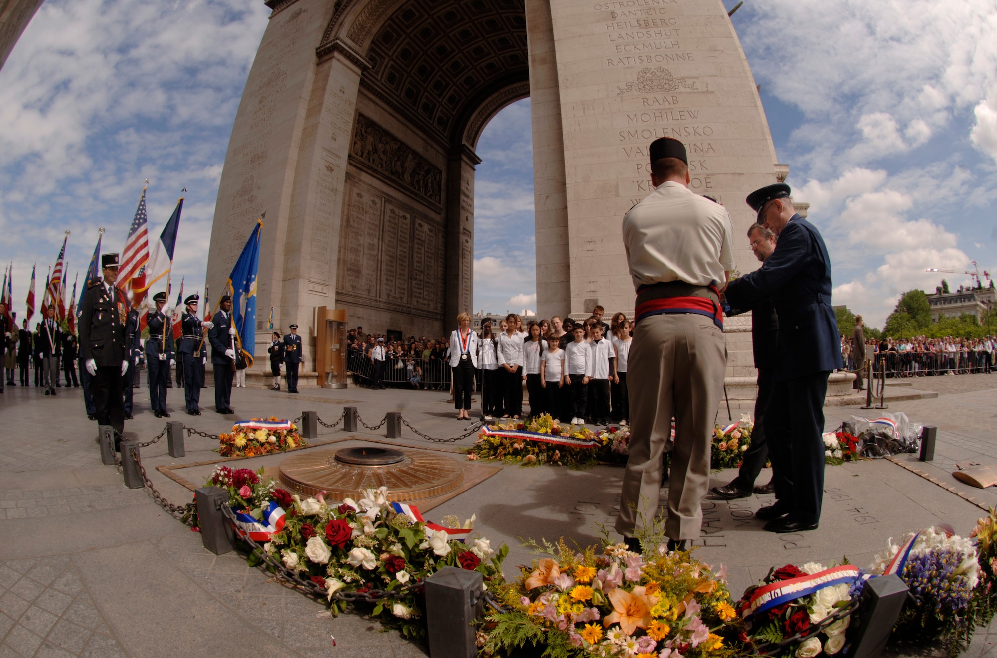General Roger Brady, the U.S. Air Forces Europe, Commander, along with French and American representatives prepare to lay a ceremonial wreath at the Tomb of the Unknown Soldier, May 25, underneath the Arc de Triomphe in Paris. Joining General Brady in the ceremony was American Legion's Post No. 1 Commander, Clarita Georghegan, Deputy Chief of Mission, U.S. Embassy, Paris, Mark A. Pekala,  Assist. Military Commander of Paris, French Army Colonel (name unknown), and Genevieve de La Pomelie, a seventh-generation descendant of General La Fayette. (U.S. Air Force photo by Master Sgt. Scott Wagers)