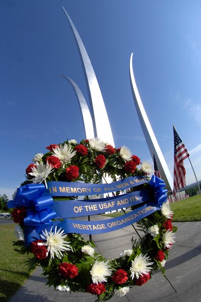 A wreath from a Memorial Day ceremony  is displayed in front of the Air Force Memorial. Attendees at the event paid tribute to the more than 55,000 Airman, since World War One, who have given their lives in service to their country, Washington, D.C., May 26, 2008. The ceremony was co-sponsored by the Air Force Association and Air Force Sergeants Association. (U.S. Air Force photo by Master Sgt. Jim Varhegyi)

