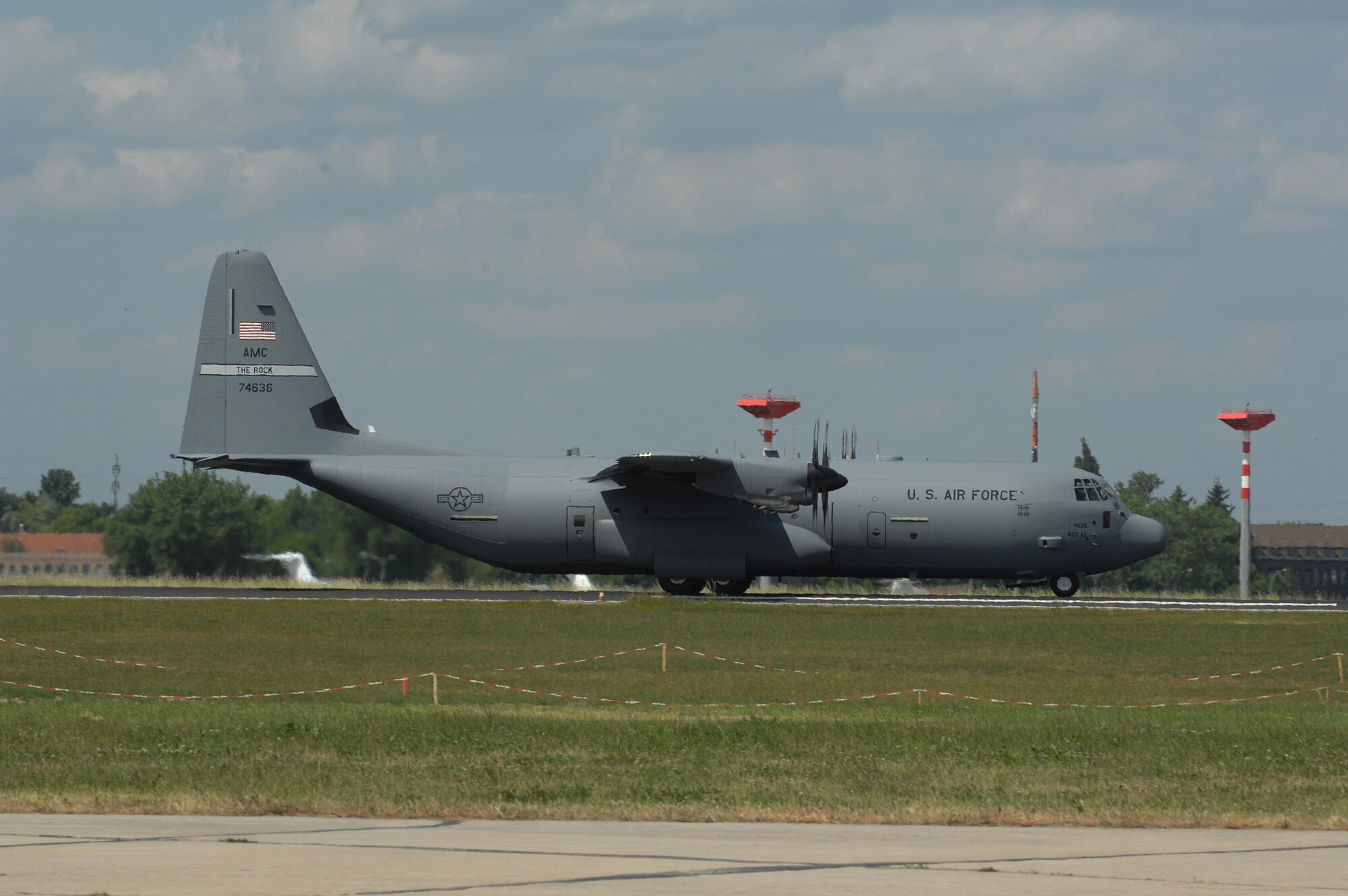 BERLIN, Germany - A C-130J model transport aircraft rolls in from the 463rd Air Group at Little Rock Air Force Base, AR here May 25 in preparation for the 2008 Berlin Air Show. U.S. participation in the Berlin Air Show enhances the U.S.-German military-to-military relationship and supports our security cooperation strategic direction efforts. (U.S. Air Force photo by Tech. Sgt. Corey Clements) (released)
