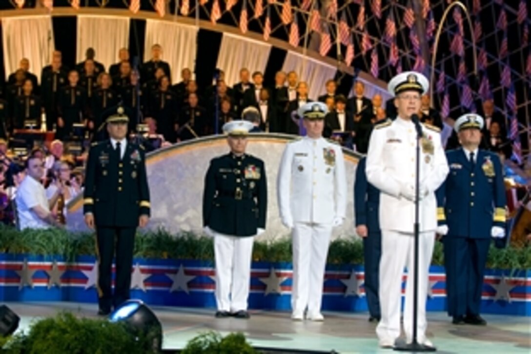 Navy Adm. Mike Mullen, chairman of the Joint Chiefs of Staff speaks at the 2008 National Memorial Day Concert on the lawn of the U.S. Capitol, Washington, D.C., May 25, 2008. Mullen was joined by senior leaders from all branches of the military along with numerous entertainers who honored all American men and women in uniform who made the ultimate sacrifice for their country. 
