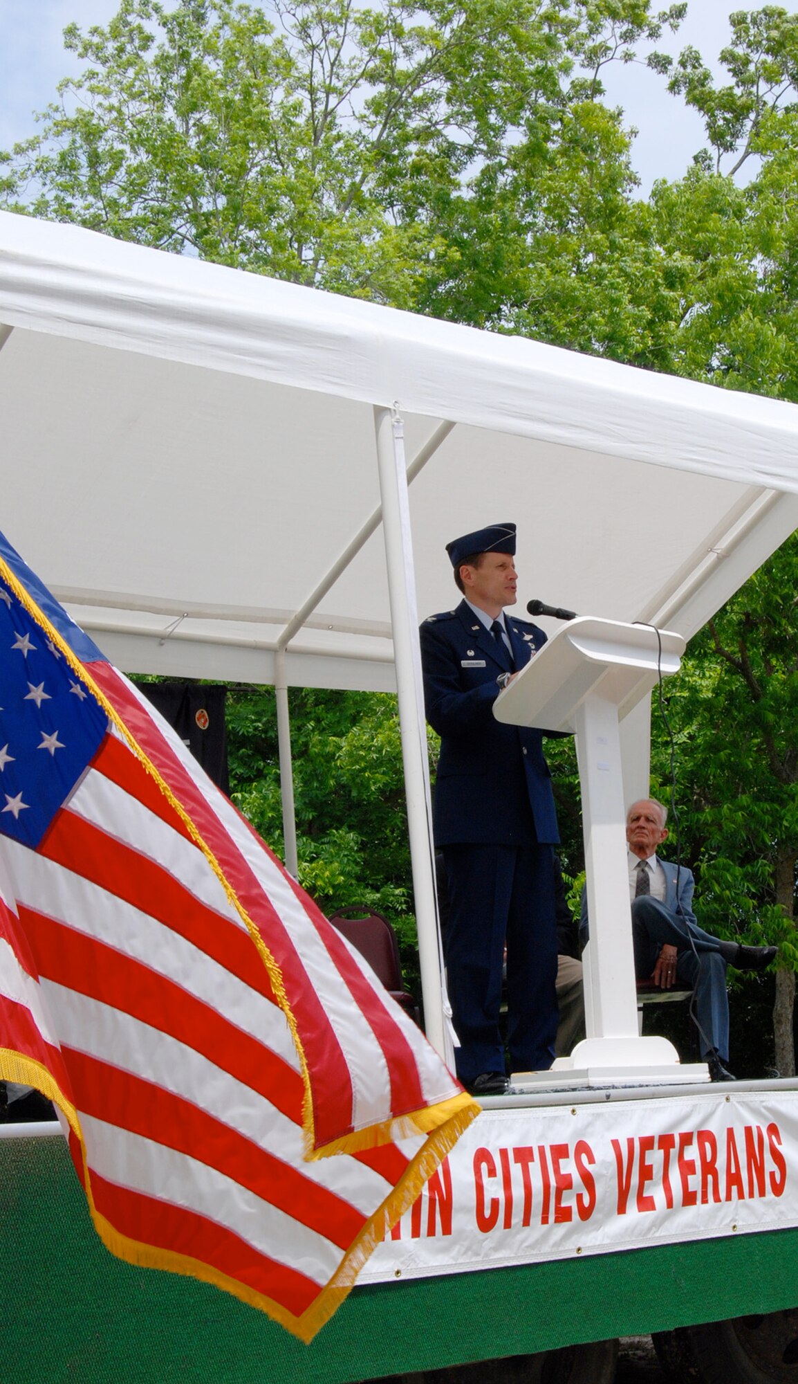 Col. Steven DePalmer, 53d Wing commander, speaks at the Doolittle Memorial during the Twin Cities Veterans' Council Memorial Day ceremony in Valparaiso, Fla., May 26. Following his speech, four F-15s from the 85th Test and Evaluation Squadron performed a flyby of the ceremony. Members from 17 organizations across the Emerald Coast closed the ceremony by laying wreaths to honor fallen heroes. Photo by Capt. Carrie L. Kessler.