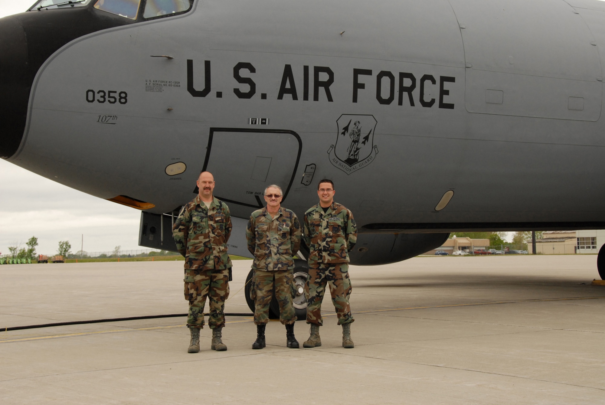 107th Airlift Wing crew chiefs TSgt Robert Albrecht, MSgt Stephen Linza,SSgt Anthony Re pose for the last time with aircraft 0358. Under BRAC the the 107th will lose all their KC-135R models and convert to the C-130H2 aircraft.