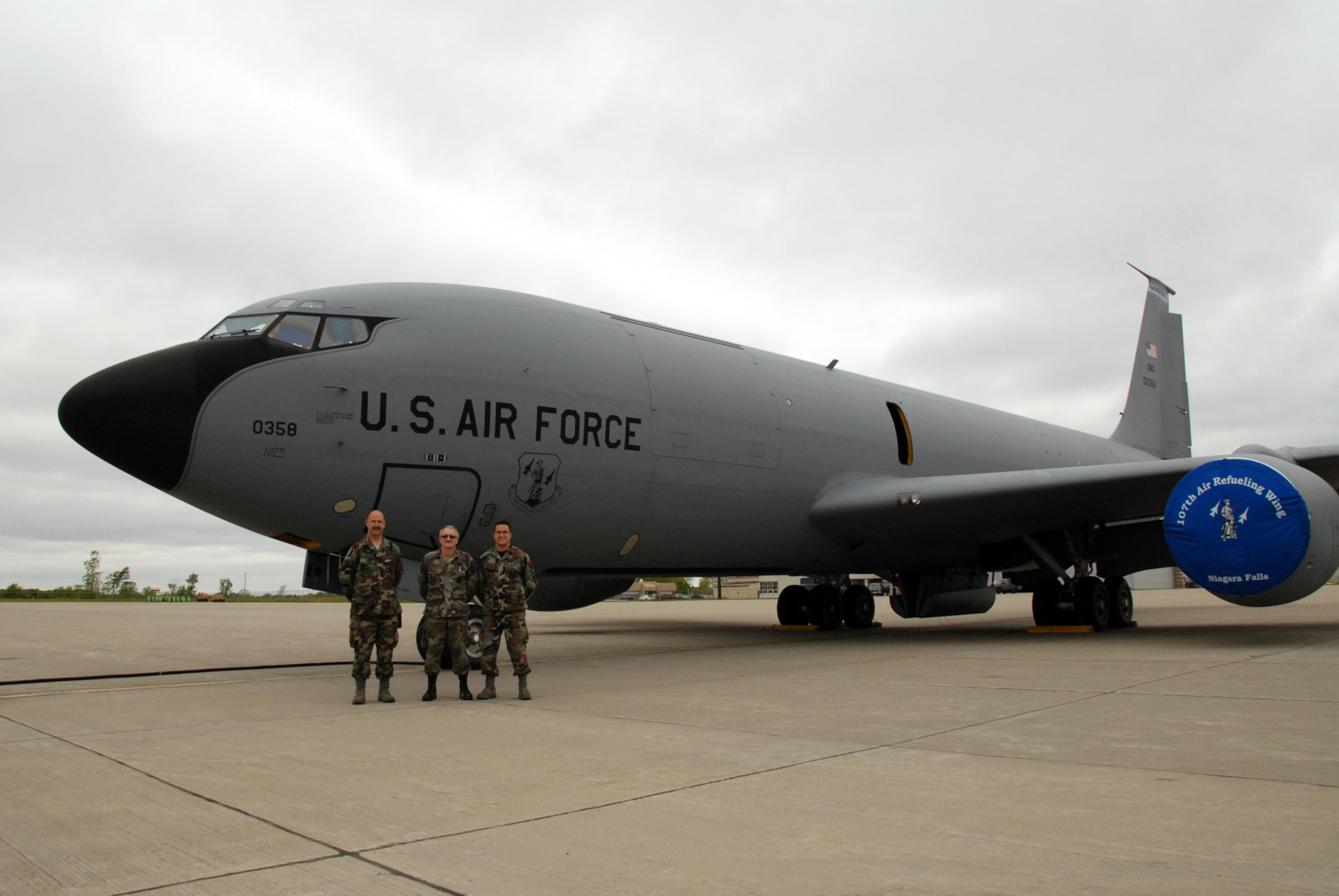 107th Airlift Wing crew chiefs TSgt Robert Albrecht, MSgt Stephen Linza,SSgt Anthony Re pose for the last time with aircraft 0358. Under BRAC the the 107th will lose all their KC-135R models and convert to the C-130H2 aircraft.