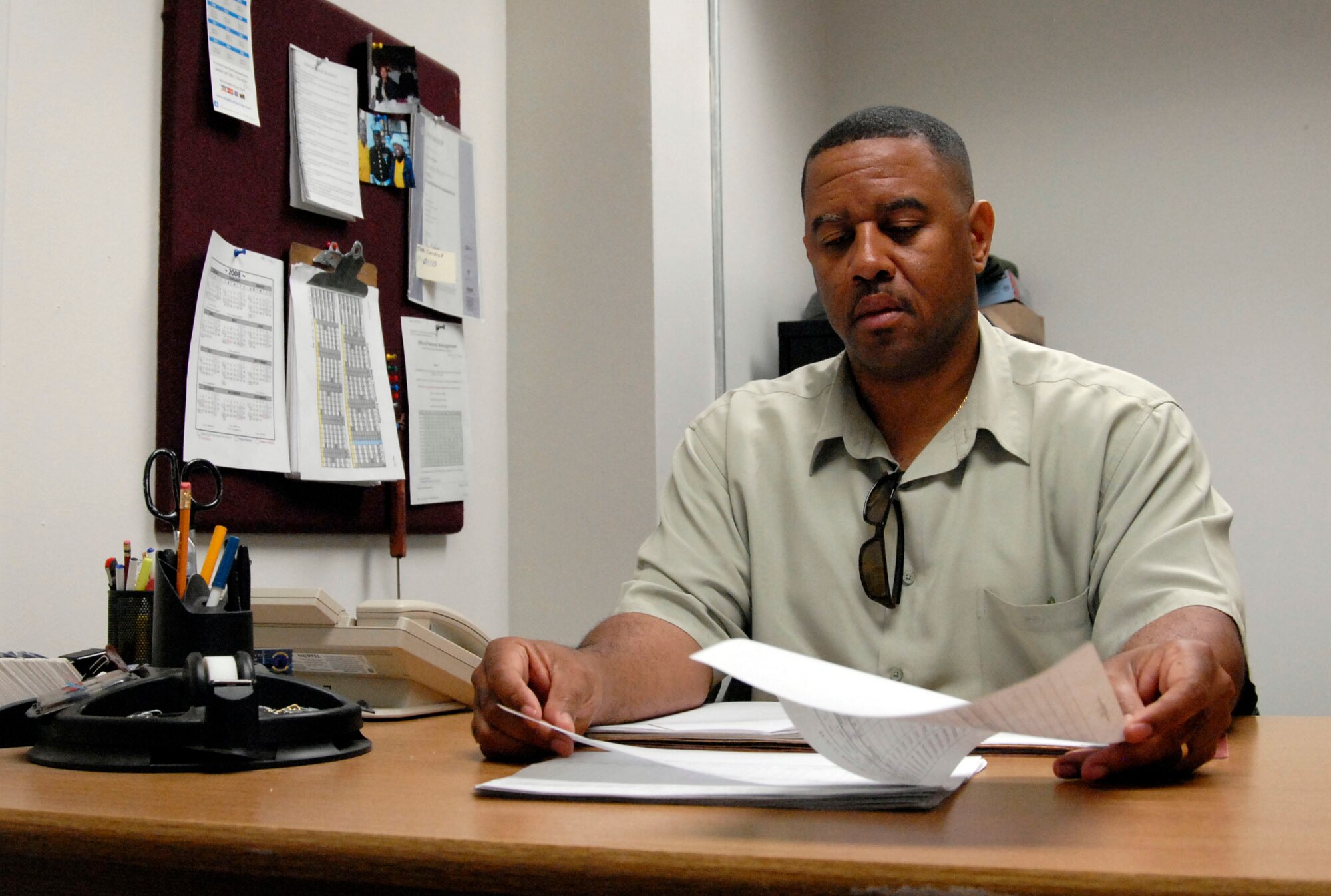 Terrence Hughes, 95th Communication Squadron transmission media chief, is the Team Edwards Supervision and Management Civilian of the Quarter. Among his accomplishments during the quarter, Mr. Hughes supervised seven civilians and 13 contractors in the transmission media branch and led restoration efforts on communication infrastructure. He also collaborated with the 412th Range Squadron to consolidate 12 circuits onto a protected backbone. (Air Force photo by Senior Airman Stacy Sanchez)