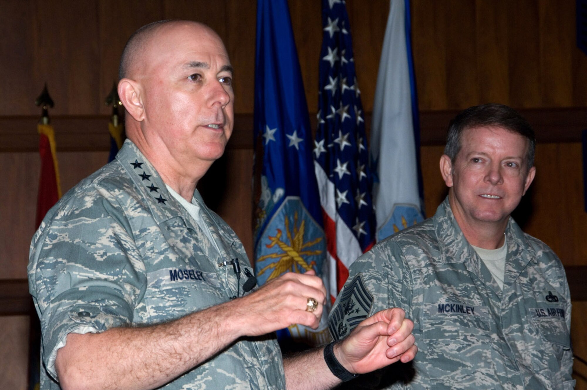 The 18th Chief of Staff of the Air Force, General T. Michael Moseley, thanks Chief Master Sergeant of the Air Force Rodney J. McKinley and more than 300 chief master sergeants attending the Senior Enlisted Leaders Summit at Maxwell Air Force Base's Gunter Annex, Ala., May 21.  General Moseley spoke with command chief master sergeants, career field managers and other key senior enlisted leaders about the challenges of today's Air Force and the importance of its evolution into the 21st Century. (U.S. Air Force photo/Melanie E. Rodgers)