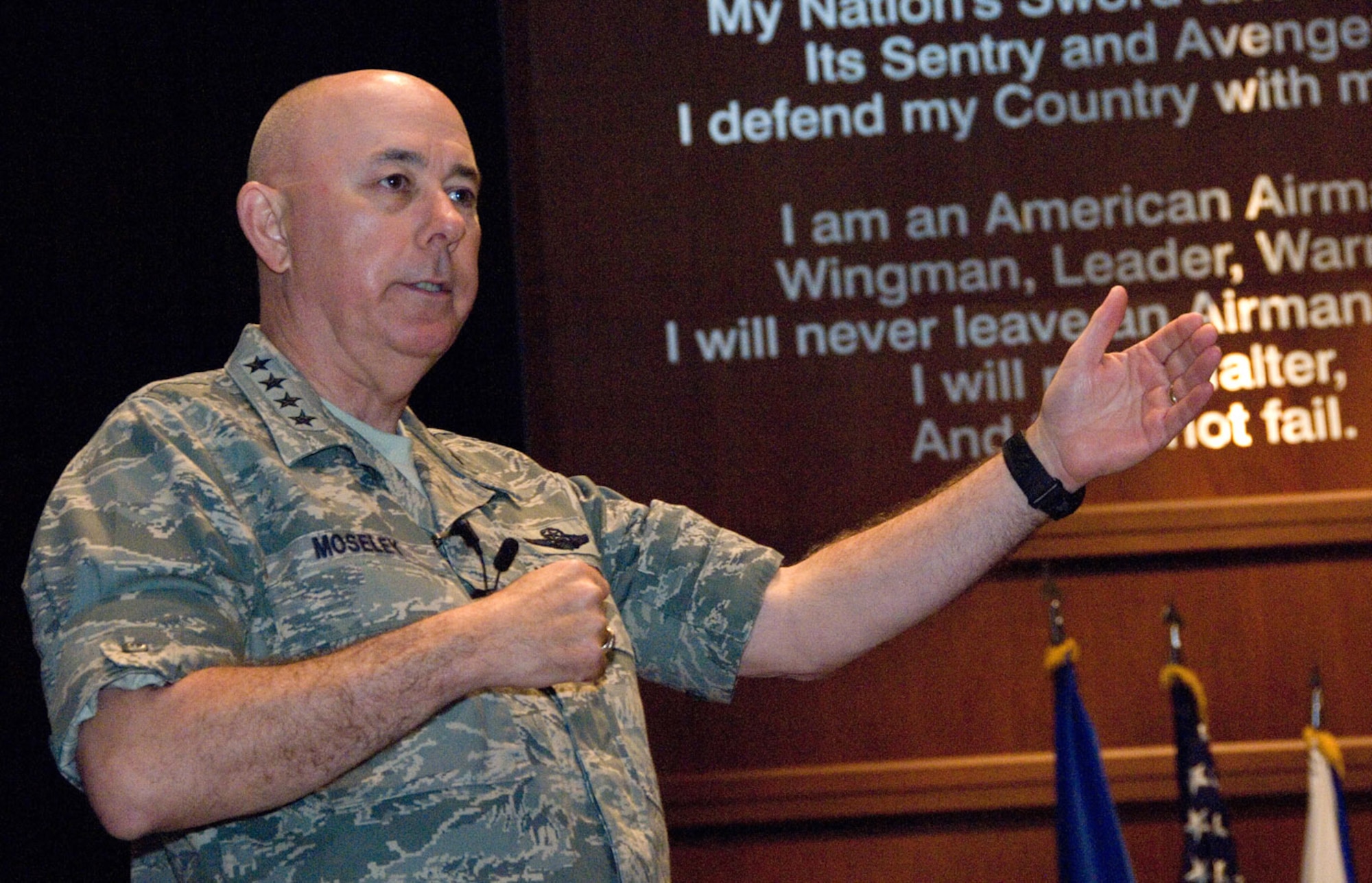 The 18th Chief of Staff of the Air Force, General T. Michael Moseley, addresses more than 300 chief master sergeants during the Senior Enlisted Leader Summit at Maxwell Air Force Base's Gunter Annex, Ala., May 21. General Moseley spoke with command chief master sergeants, career field managers and other key senior enlisted leaders about the challenges of today's Air Force and the importance of its evolution into the 21st Century. (U.S. Air Force photo/Melanie E. Rodgers)