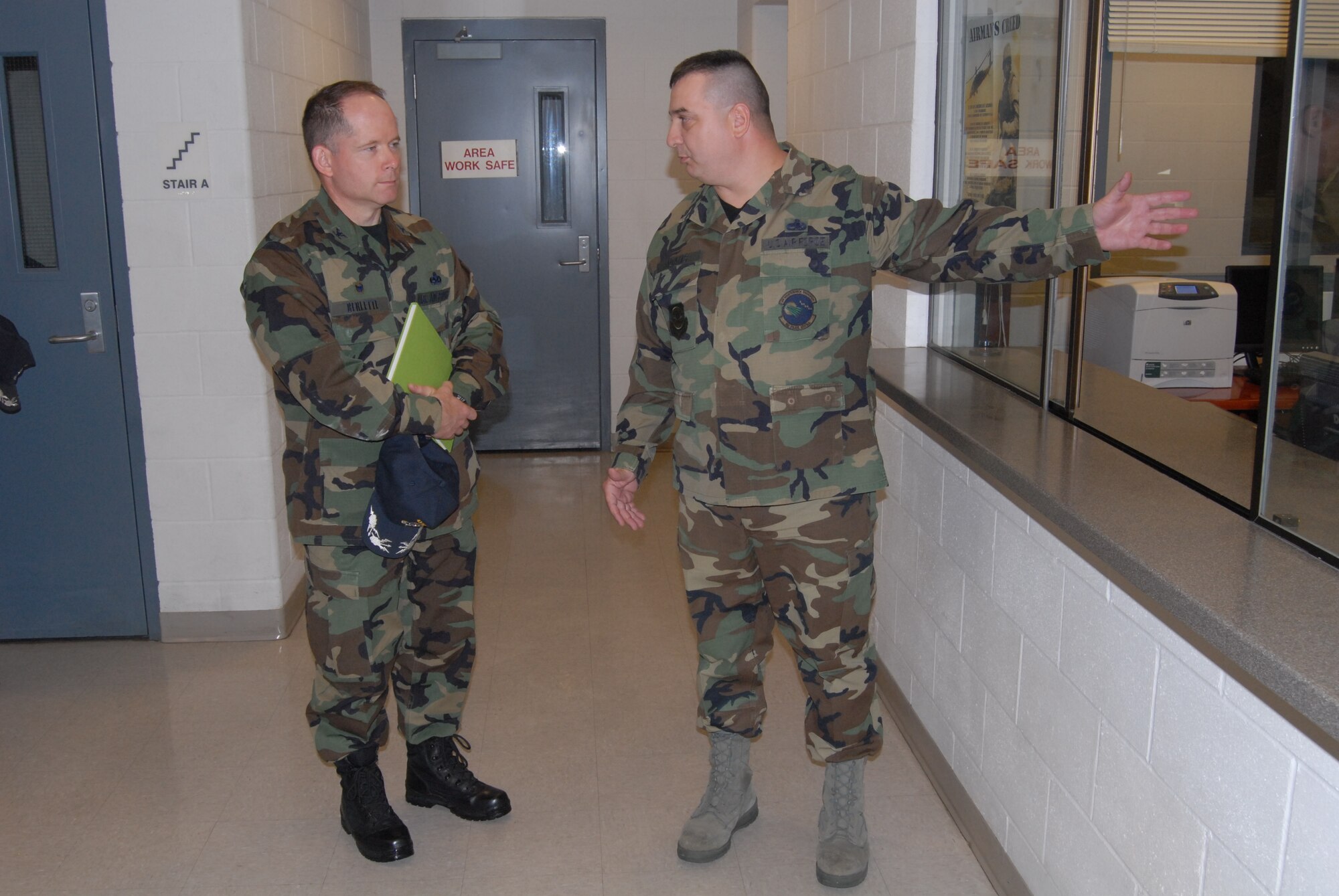 Master Sgt. James Adams, 43rd Maintenance Squadron, gives Col. Craig Berlette, 43rd Maintenance Group Commander, a tour of the Fuel Systems Repair Section in the squadron. The tour was part of an immersion brief May 16 following the colonel’s change-of-command ceremony May 9 when he took command from Col. Bryan Bearden. (U.S. Air Force Photo by 2nd Lt. Chris Hoyler)