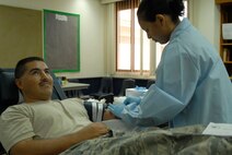 U.S. Air Force Master Sergeant Magana donates blood at this year’s Blood Drive on Andersen Air Force Base, Guam on May 20, 2008. MSgt. Magana is apart of the 736th Mission Support Squadron and took time out of his day to donate blood to help support those in need of it. (U.S. Air Force photo by Airman First Class Courtney Witt)