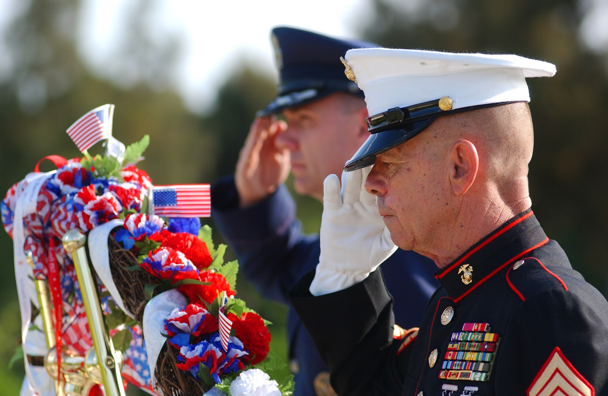 Marine Sgt. Maj. (Ret.) Peter Gorczewski and Col. Manson O. Morris, 18th Wing vice commander, salute after the wreath laying during a Memorial Day ceremony at Kadena Air Base, Japan, May 26. Veterans and military members from all four branches of the military attended the event to remember those who died in our nation's service. (U.S. Air Force photo/Tech. Sgt. Rey Ramon)