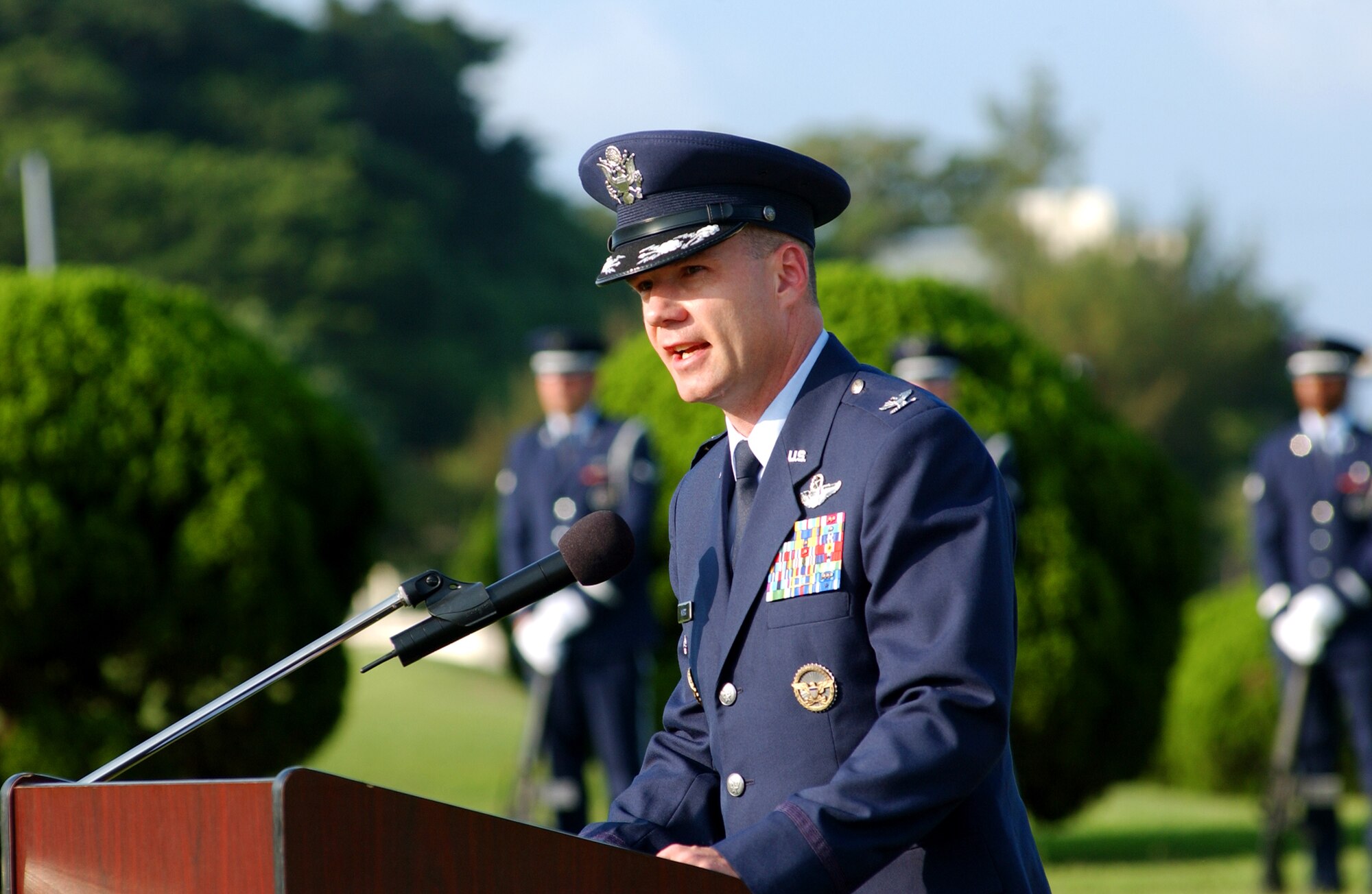 Col. Manson O. Morris, 18th Wing vice commander, gives his final remarks during a Memorial Day ceremony at Kadena Air Base, Japan, May 26. Veterans and military members from all four branches of the military attended the event to remember those who died in our nation's service.
(U.S. Air Force photo/Tech. Sgt. Rey Ramon)